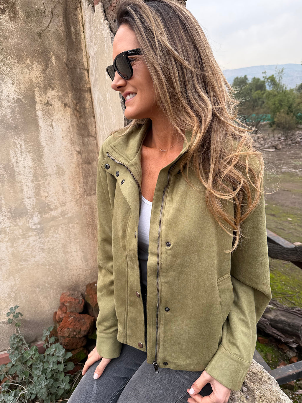 Chaqueta suede bolsillo clásico verde