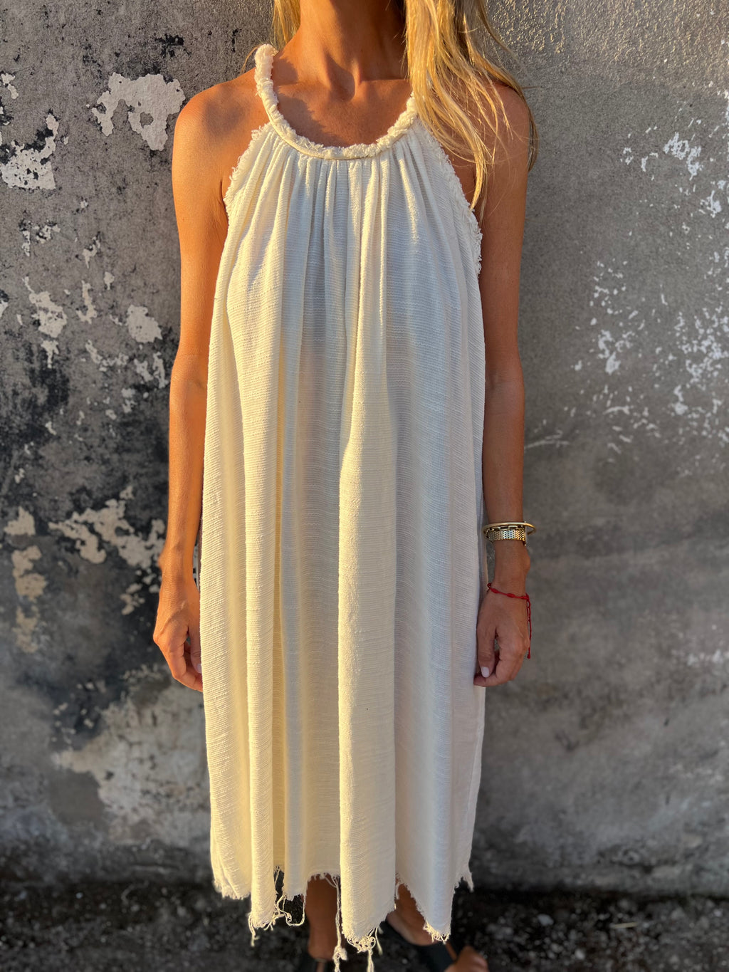 Vestido linoto desflecado crudo