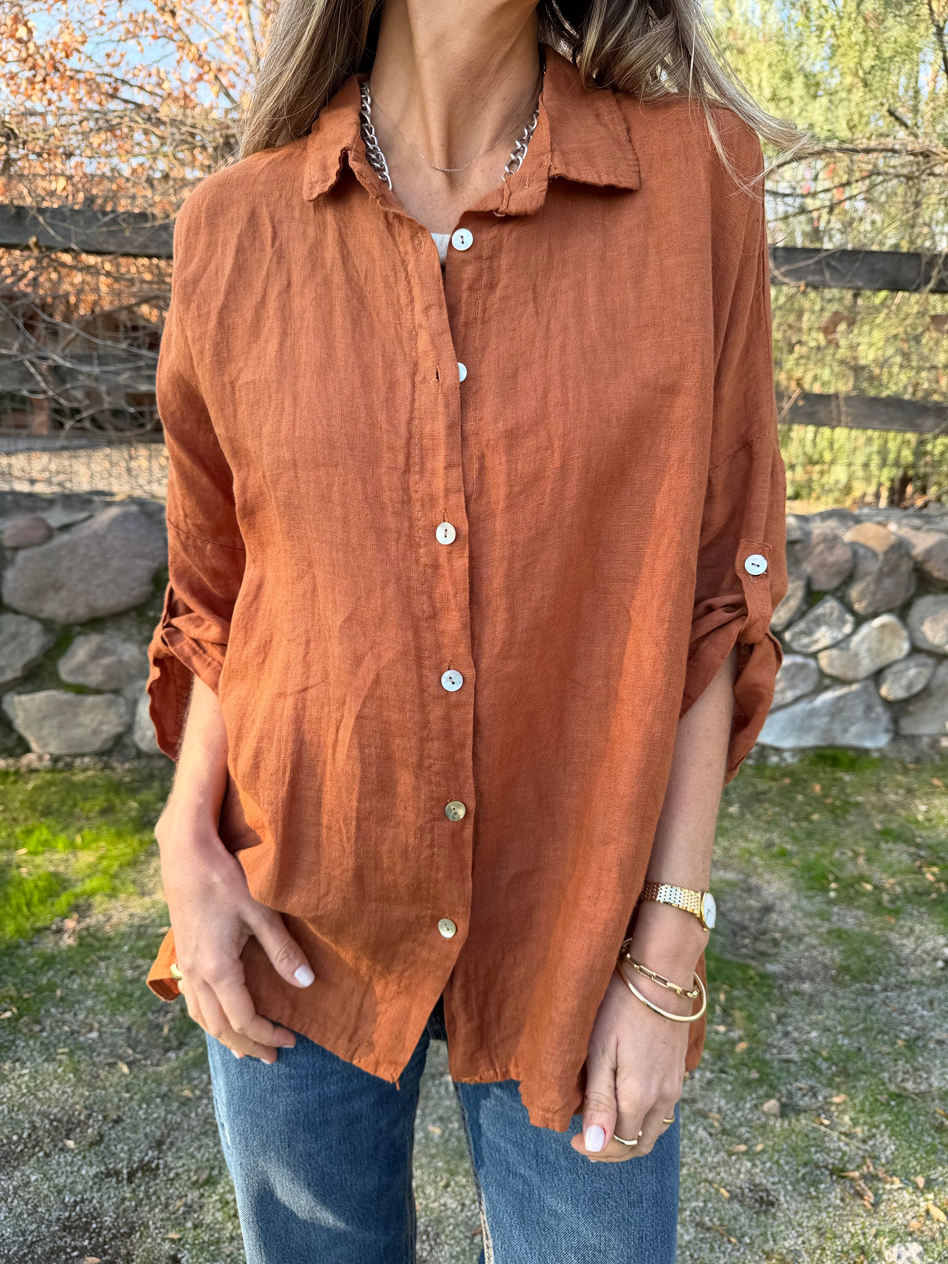 Blusón 100% lino camisera terracota