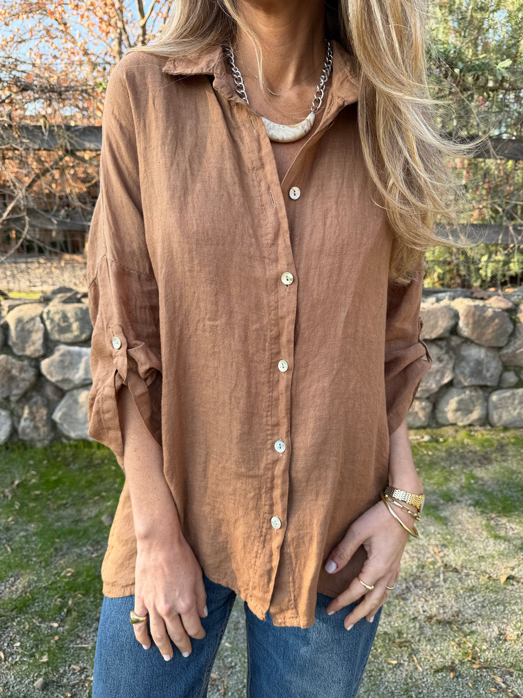 Blusón 100% lino camisera camel