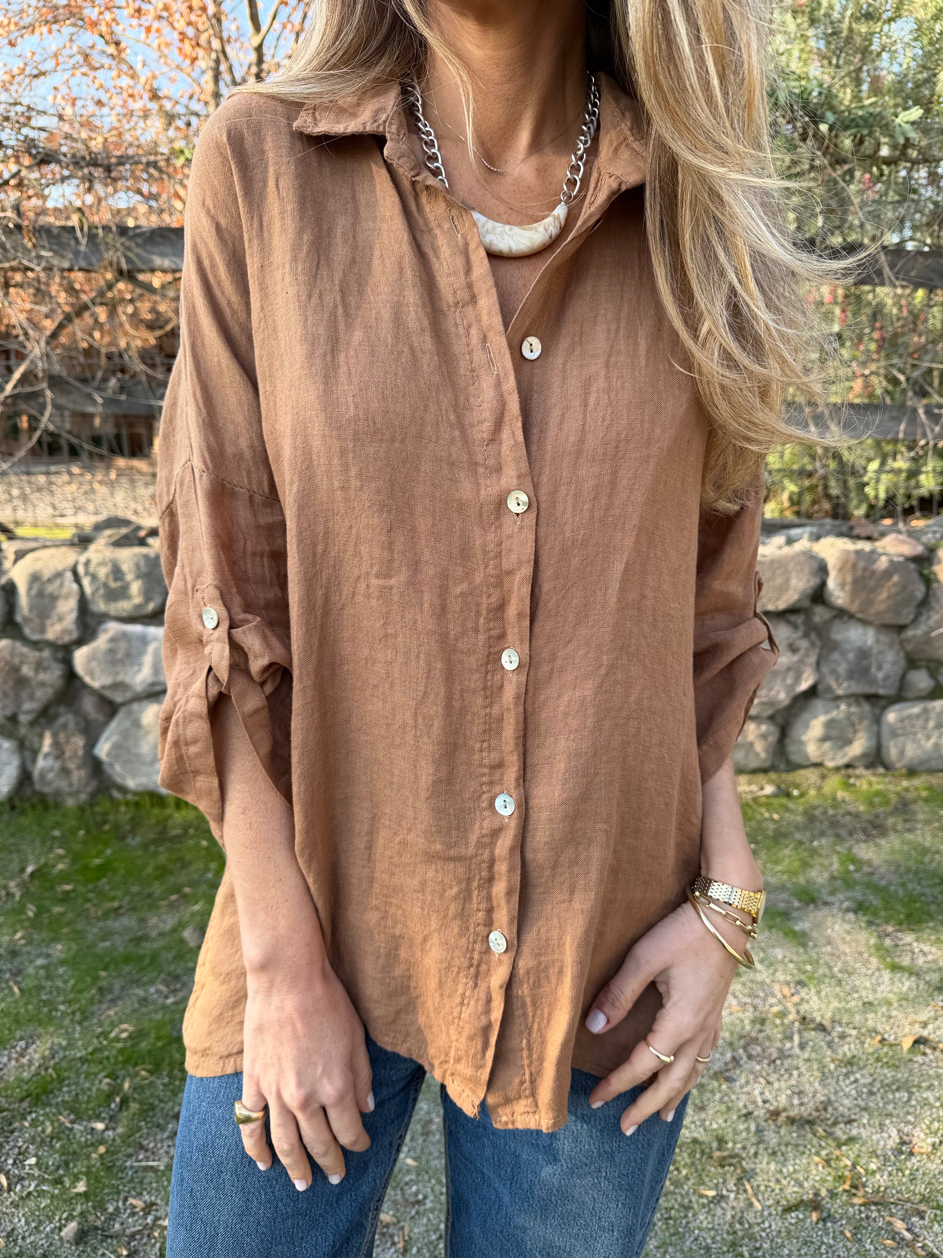 Blusón 100% lino camisera camel
