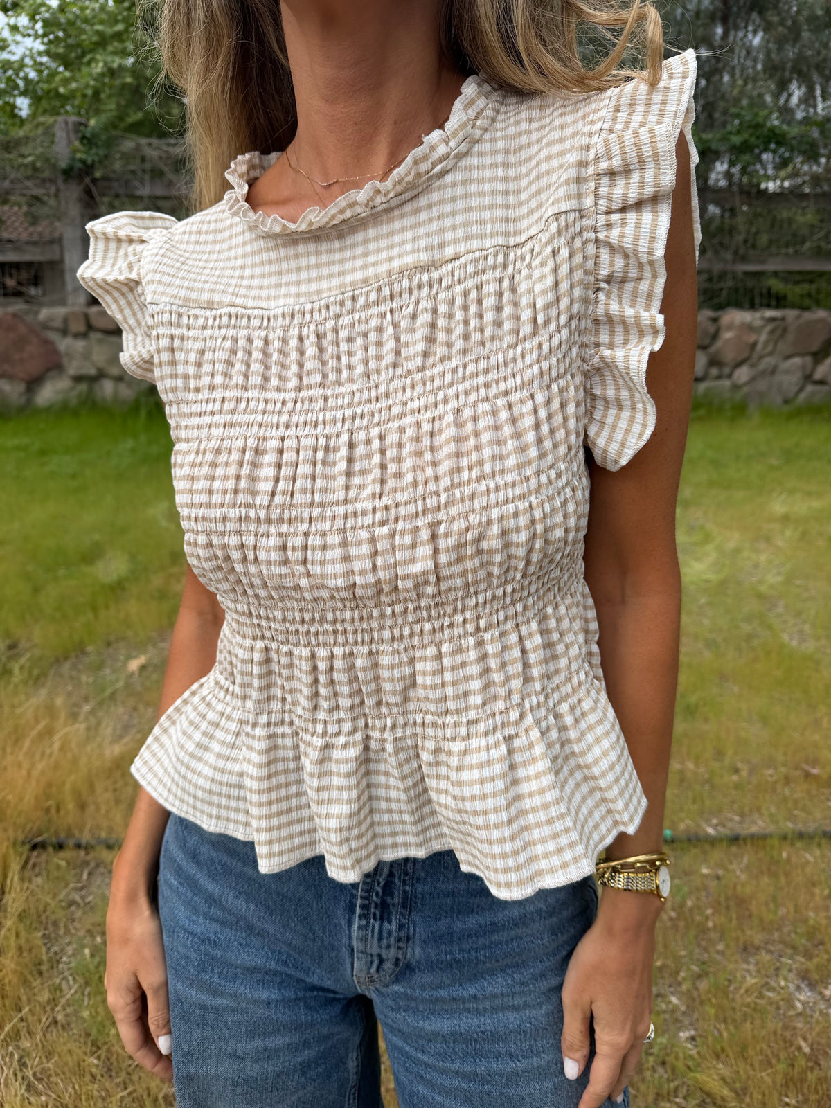 Polera vichy nido abejas beige