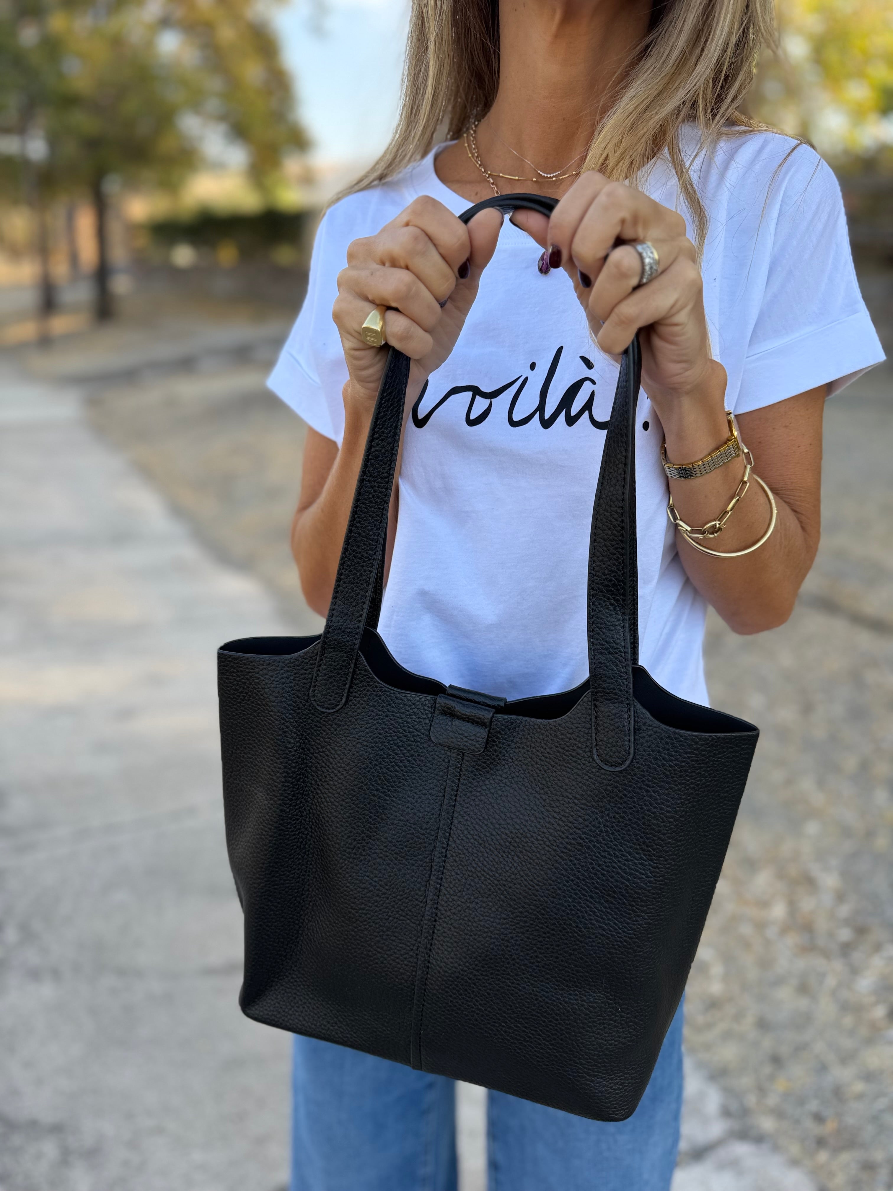 Cartera de hombro y mano en efecto cuero graneado negro