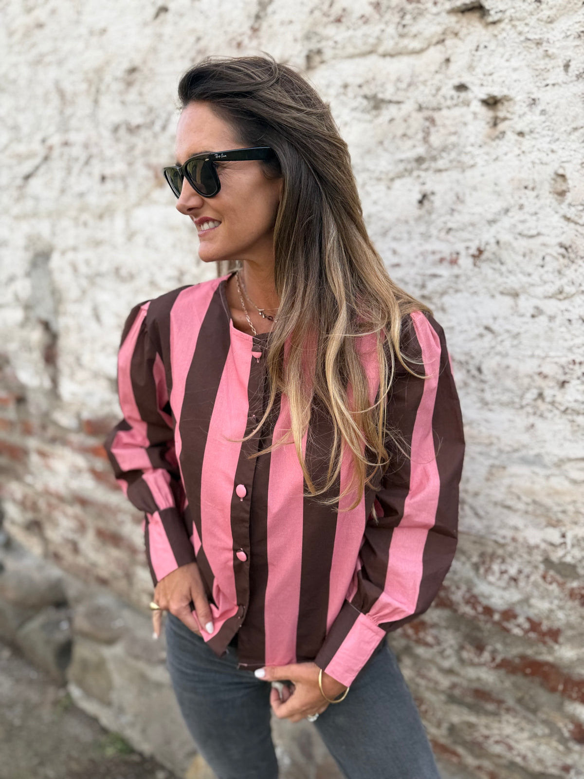 Blusa rayada café frambuesa