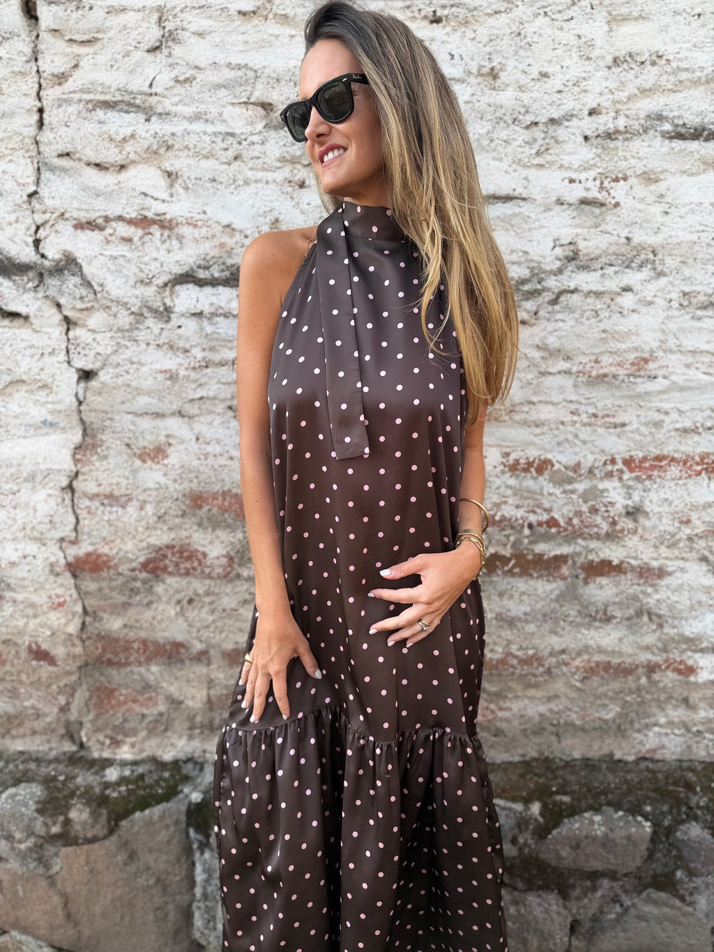 Vestido lunares rosado claro café