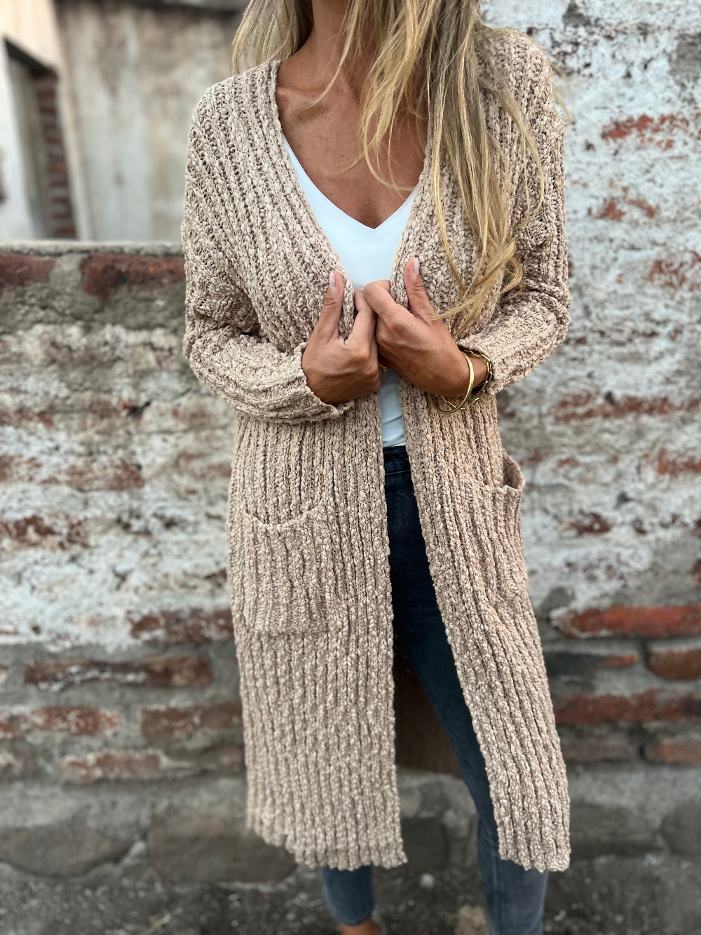 Chaleco básico largo chenille camel