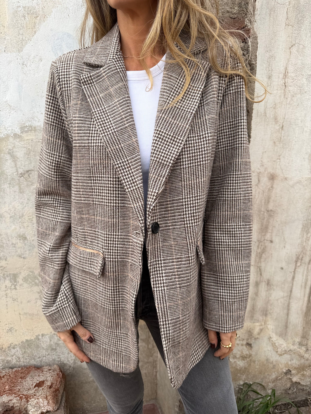 New Chaqueta pata de gallo clásica línea café claro
