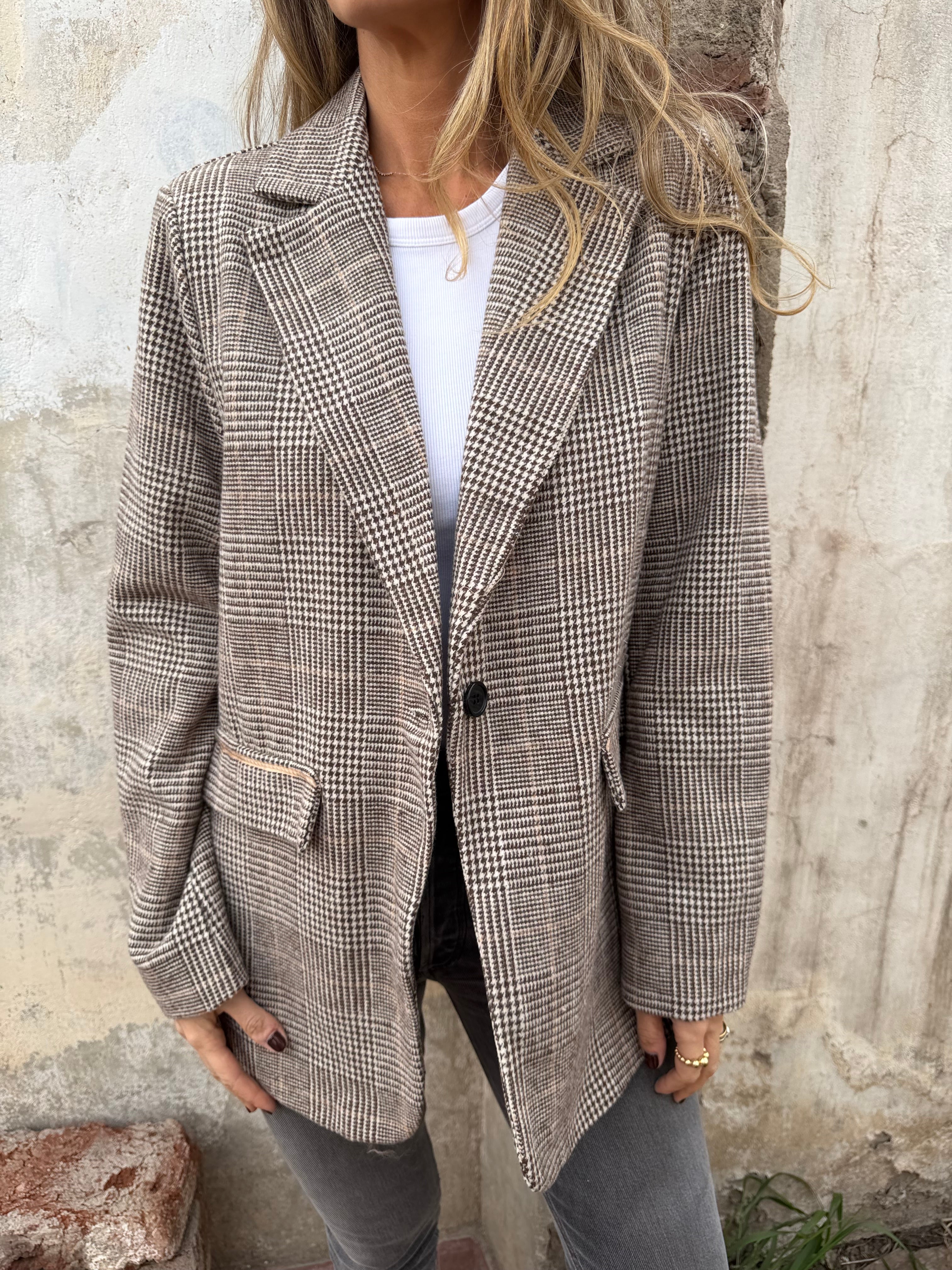 New Chaqueta pata de gallo clásica línea café claro