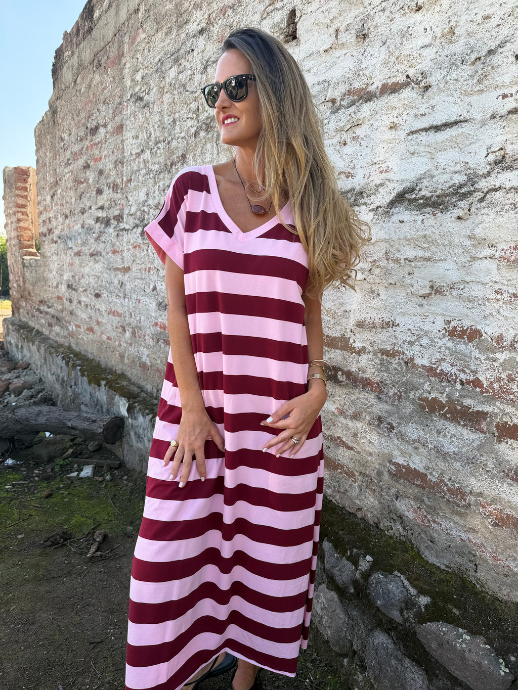 Vestido rayas burdeo