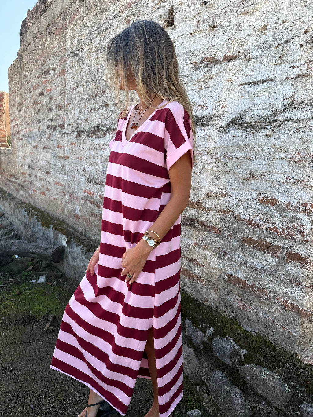 Vestido rayas burdeo