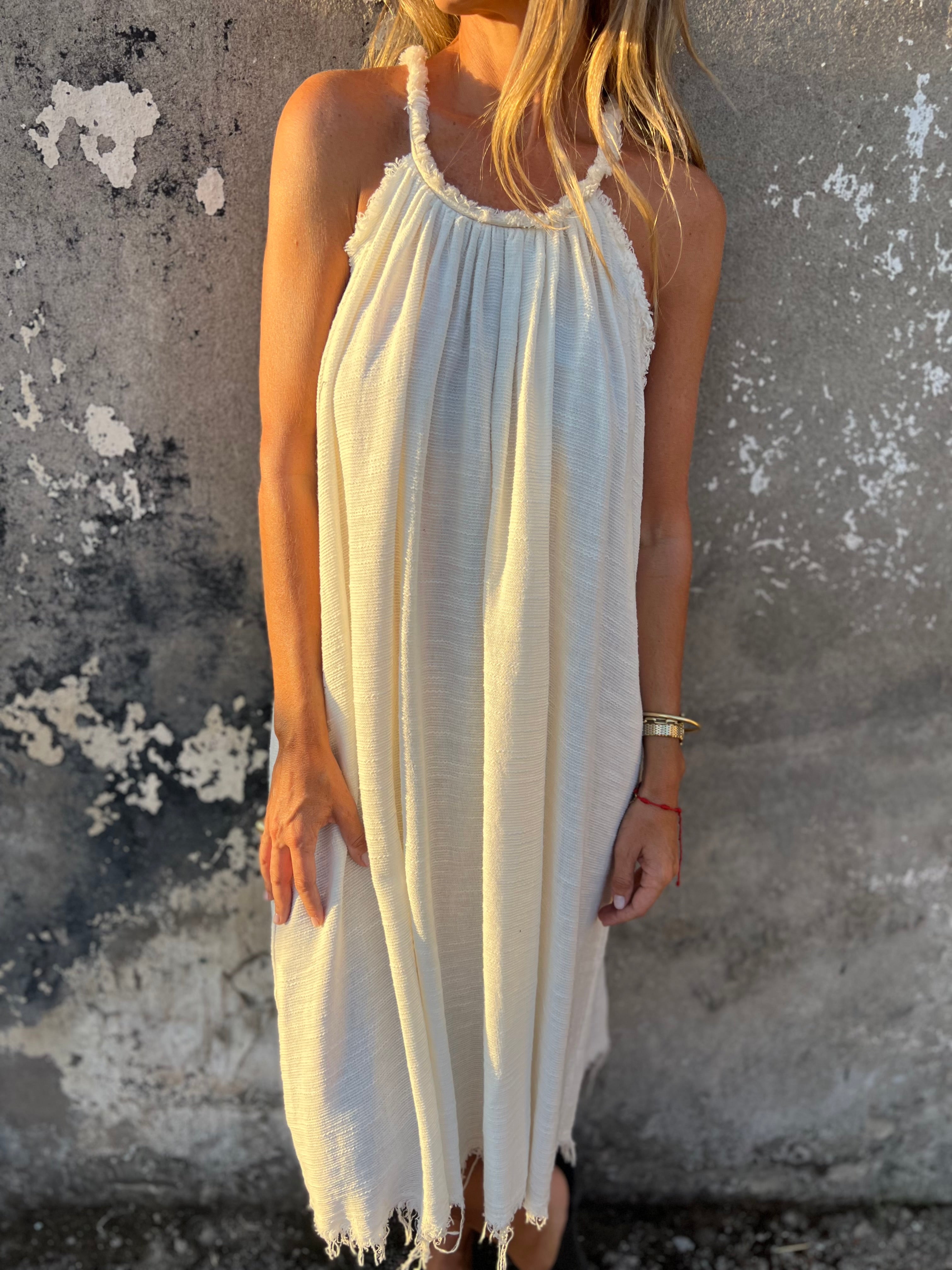 Vestido linoto desflecado crudo