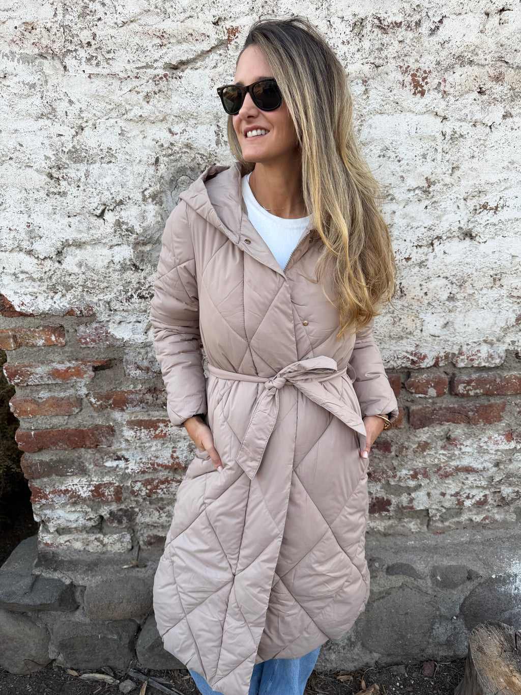 Parca larga acolchada beige claro