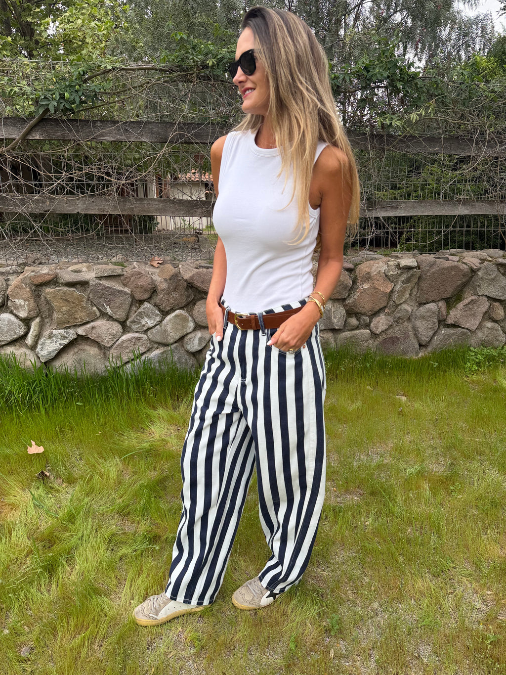 Pantalón barrel rayas azul