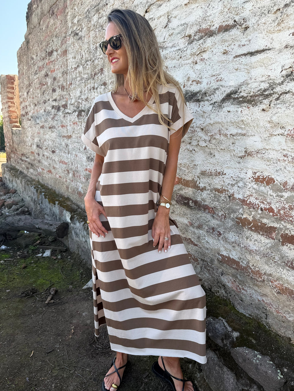 Vestido rayas beige