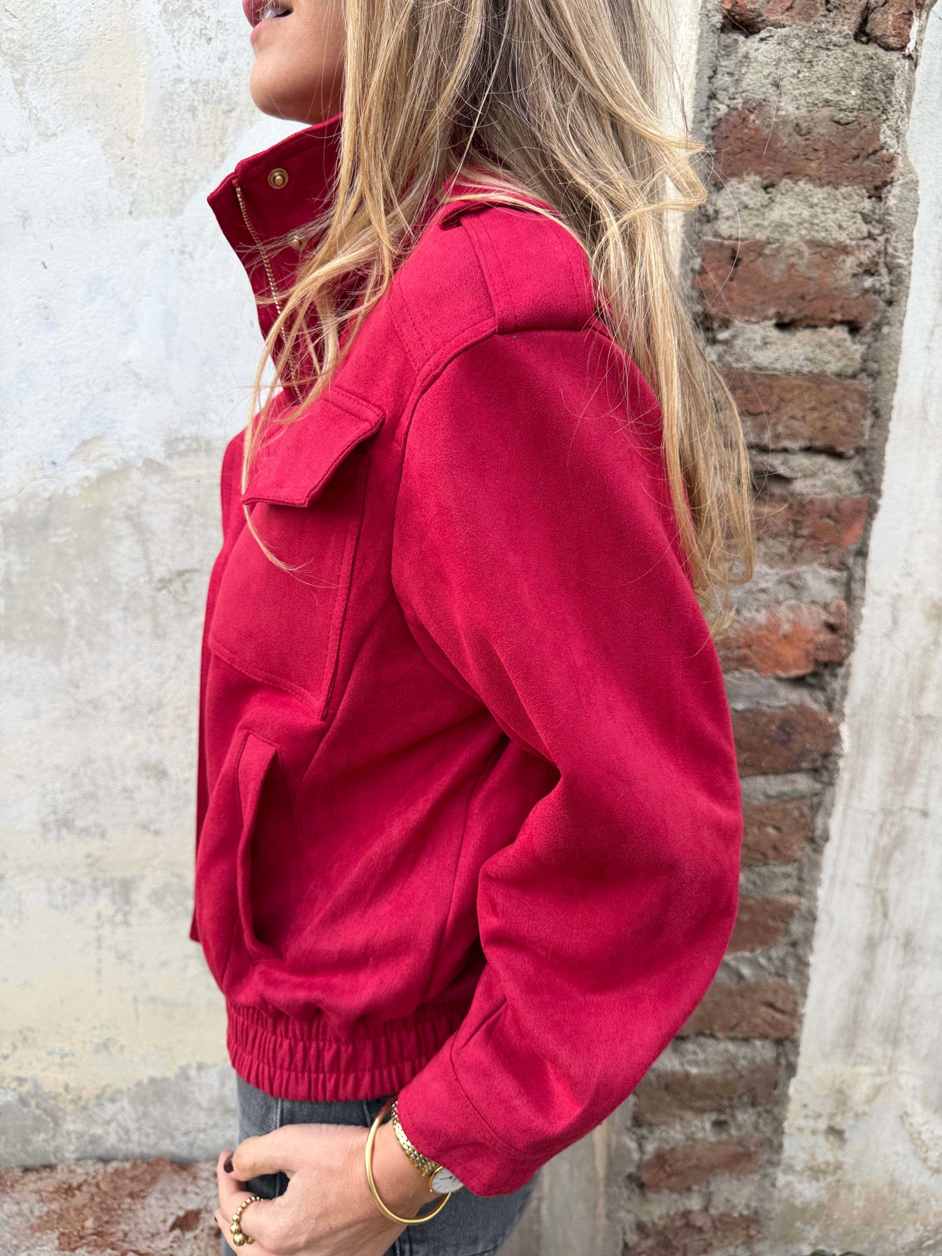 Chaqueta efecto gamuza bolsillos roja