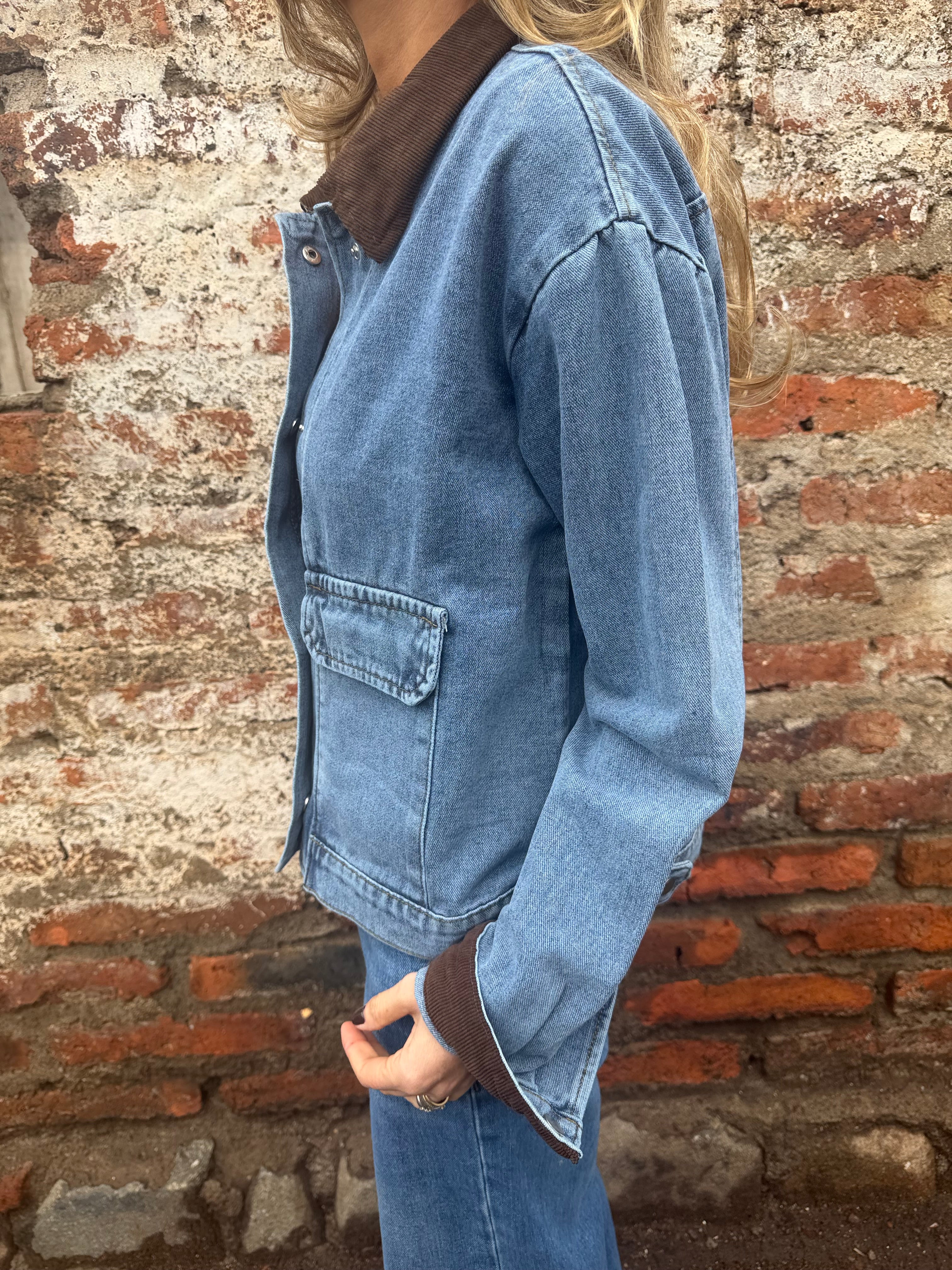 Chaqueta bluejean detalles cotelé celeste