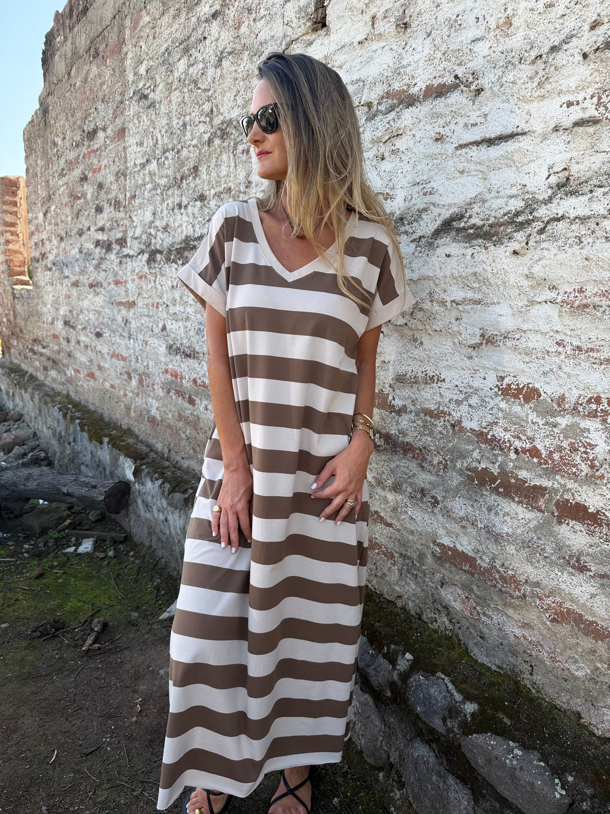 Vestido rayas beige