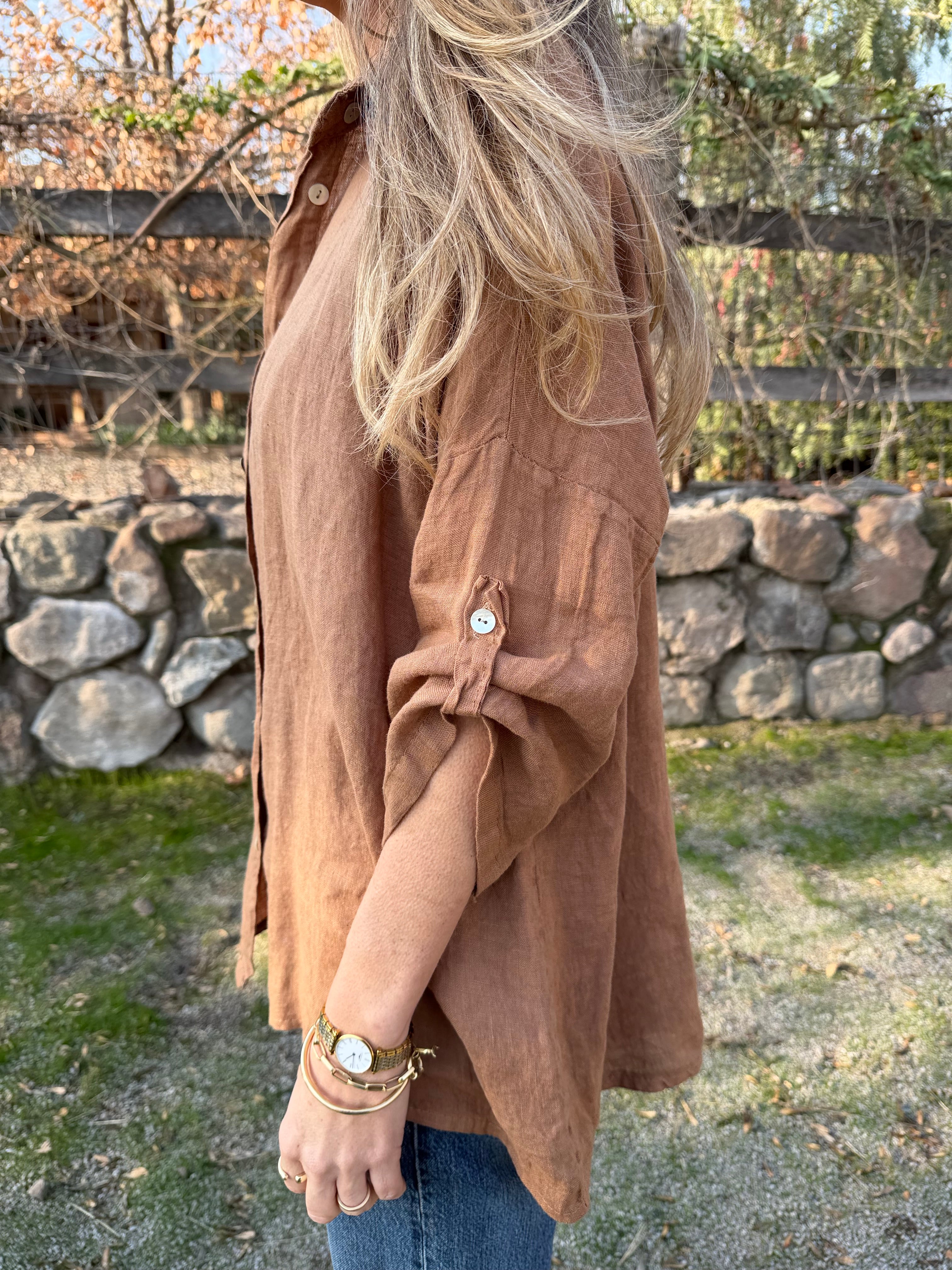 Blusón 100% lino camisera camel