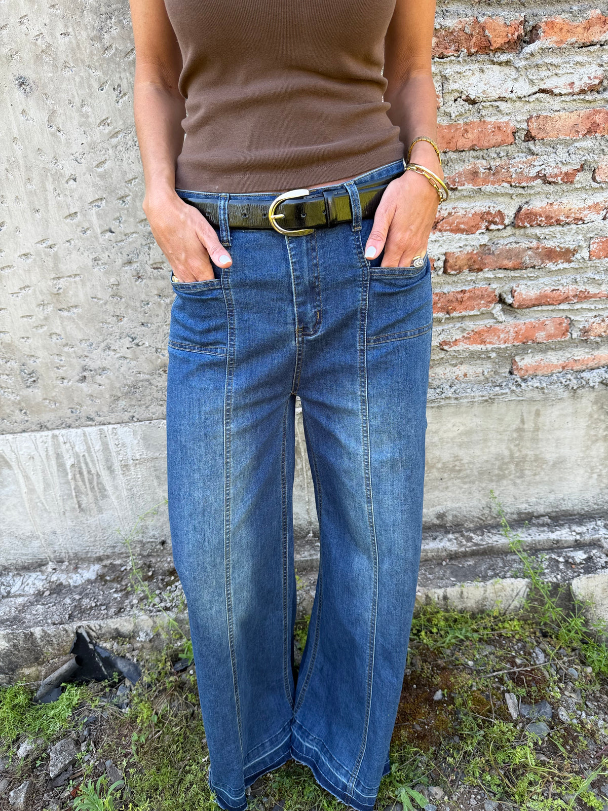 Bluejean ancho bolsillos adelante azul