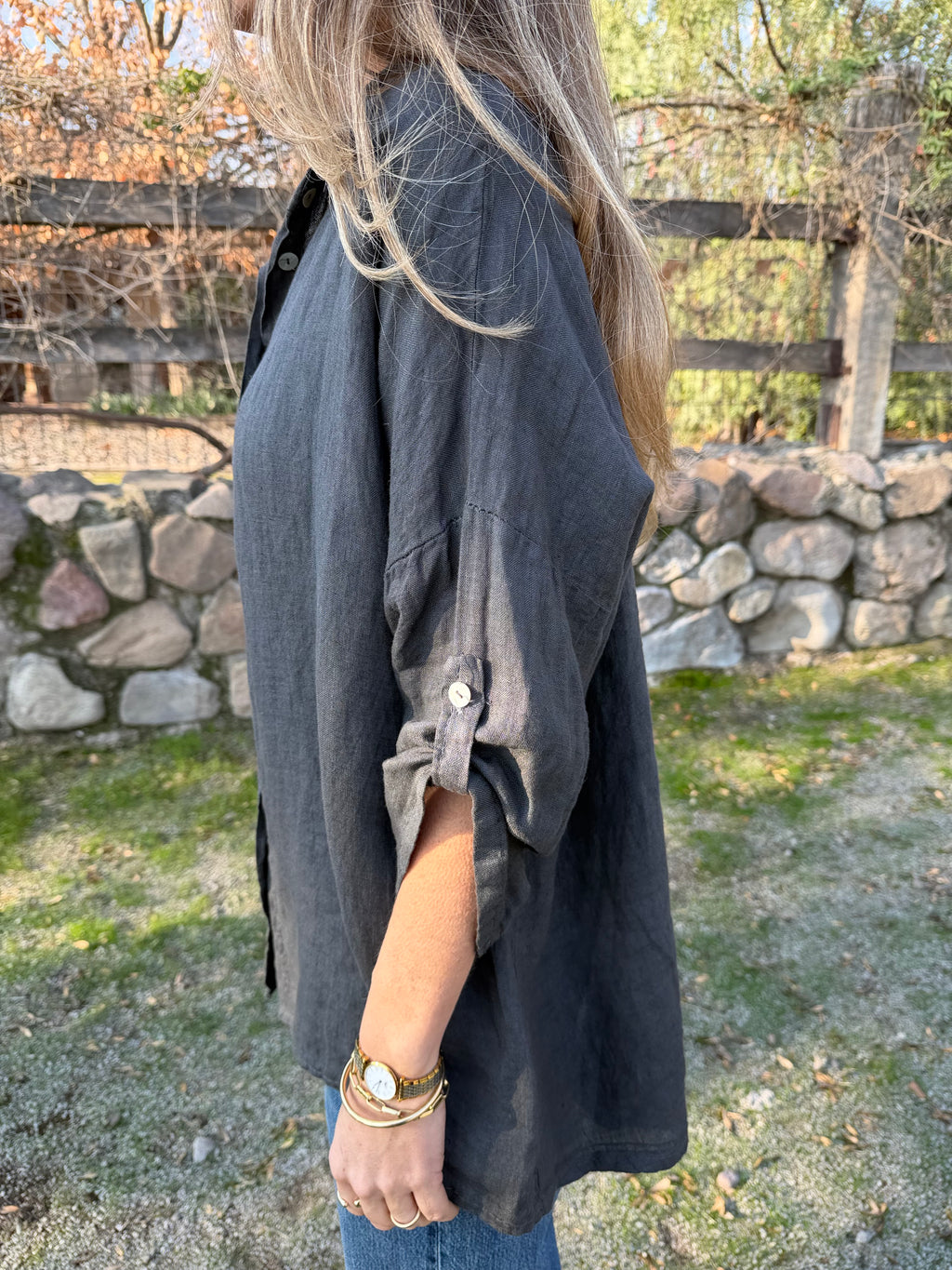 Blusón 100% lino camisera gris acero