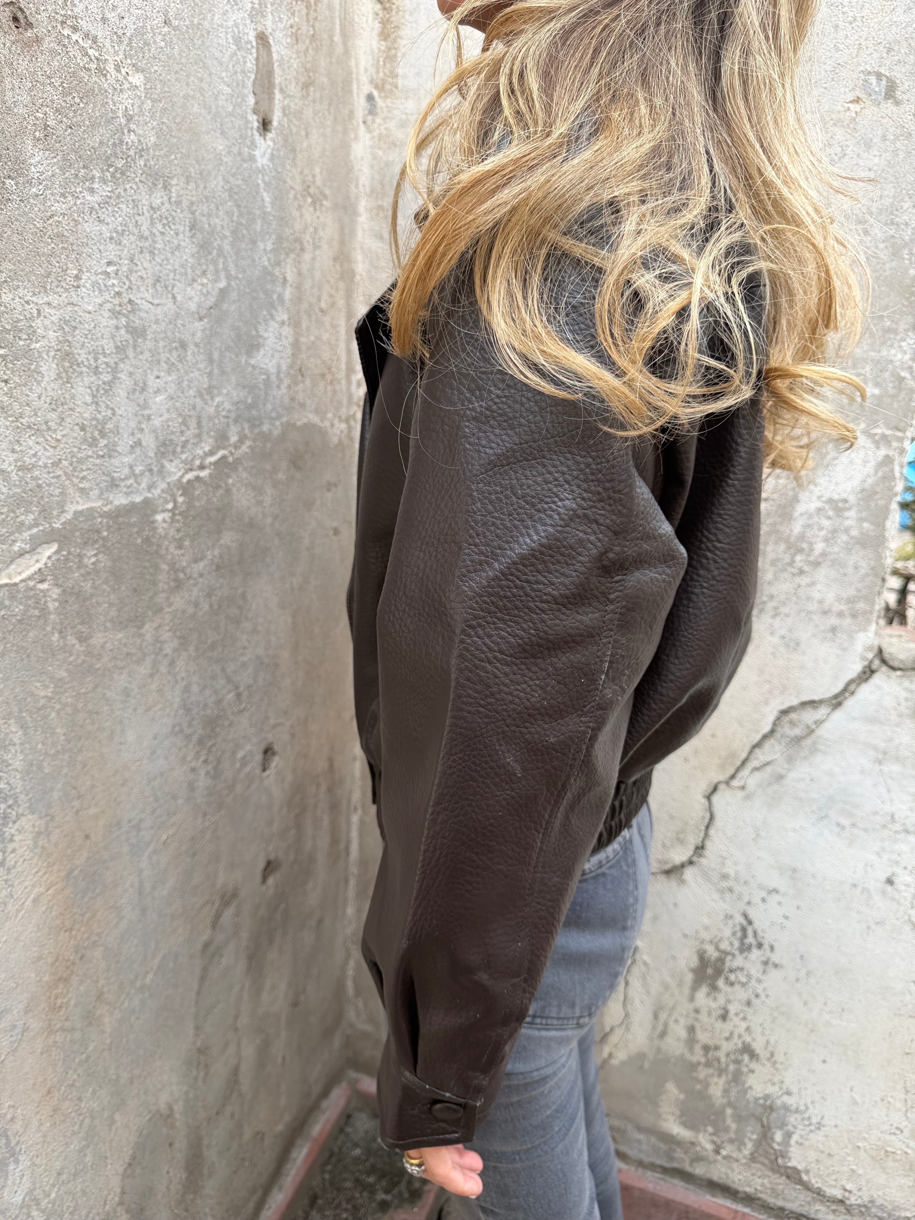 Bomber efecto cuero graneado cuello removible piel café