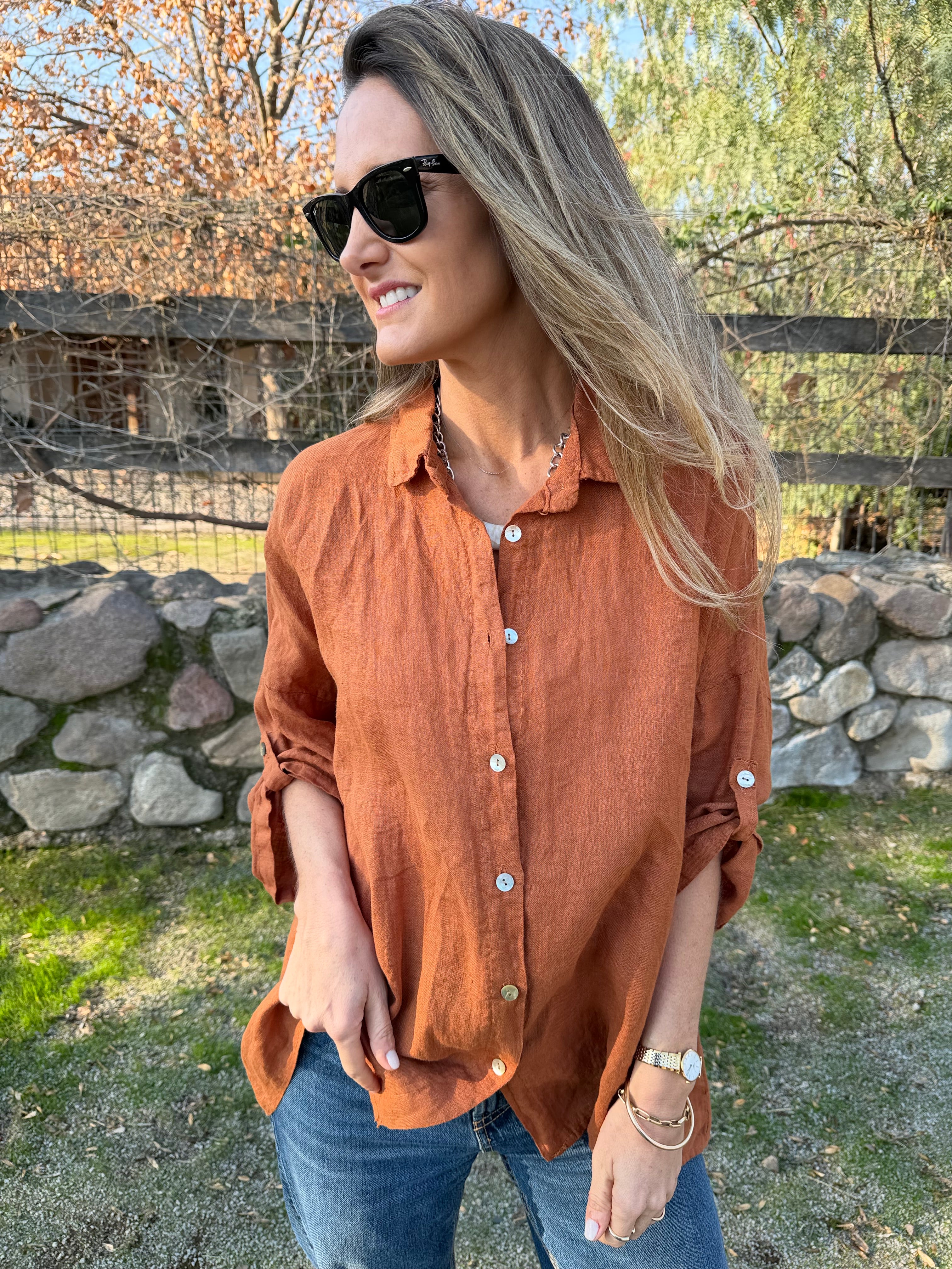 Blusón 100% lino camisera terracota