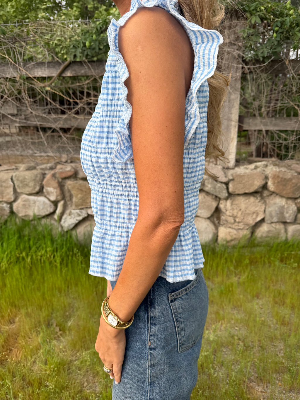 Polera vichy nido abejas celeste