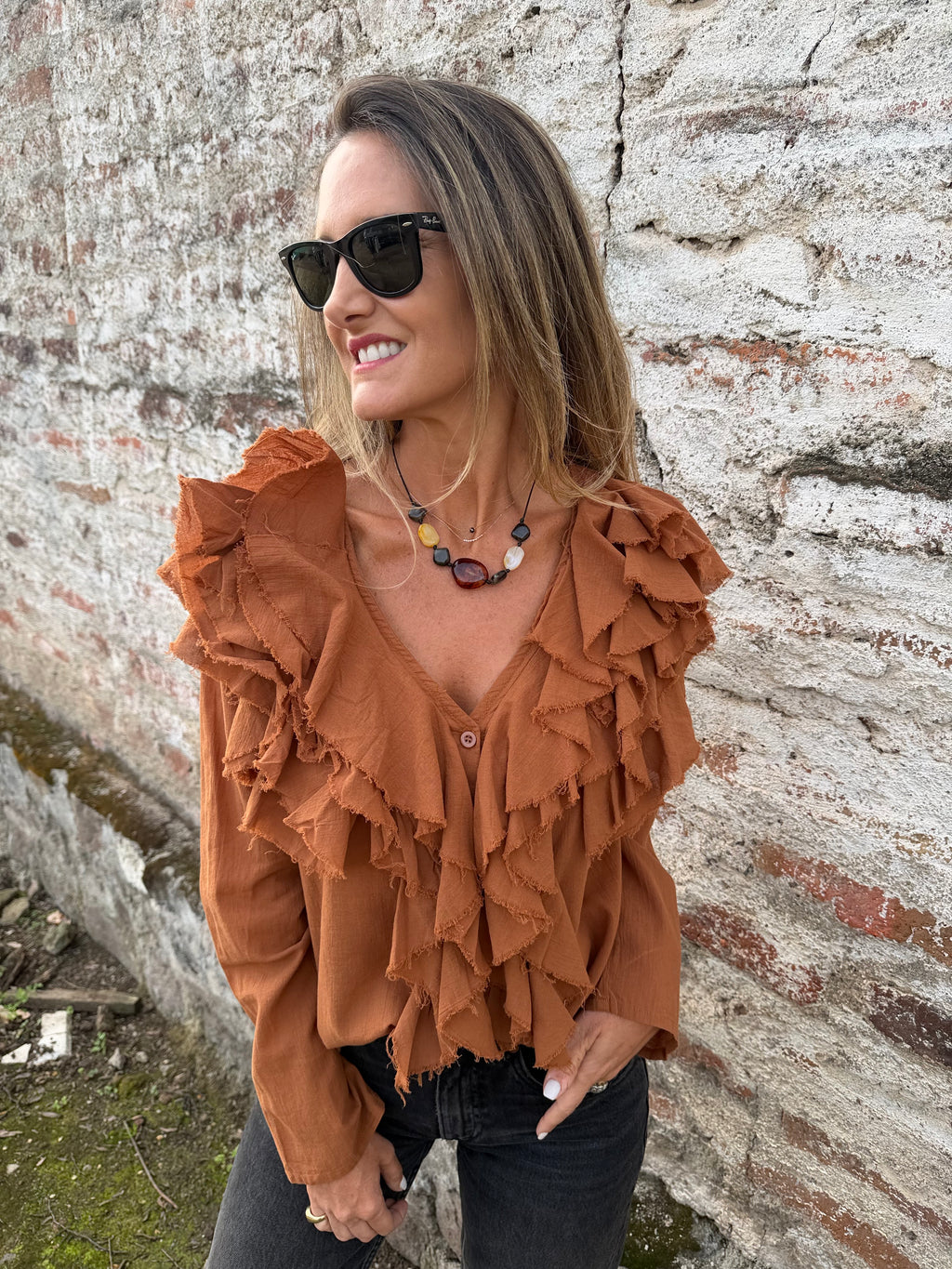 Blusa super vuelos rústica terracota
