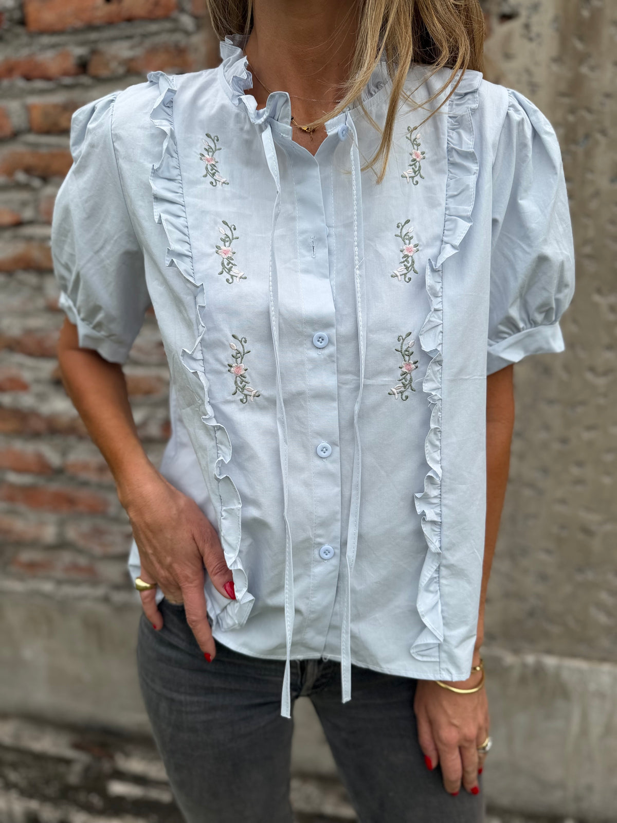 Blusa bordados mangas abullonadas celeste claro