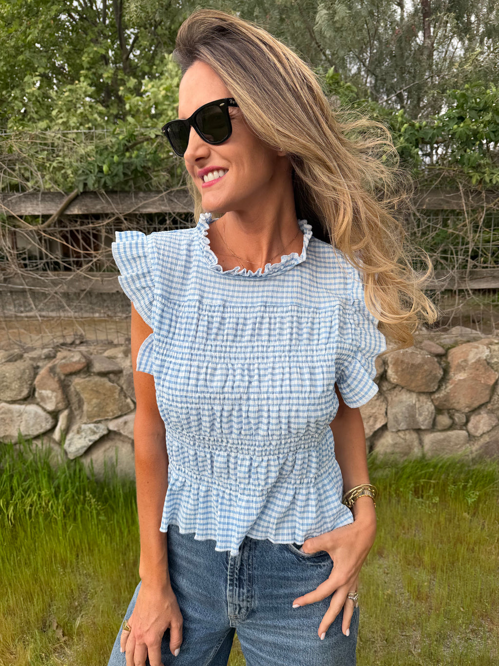 Polera vichy nido abejas celeste
