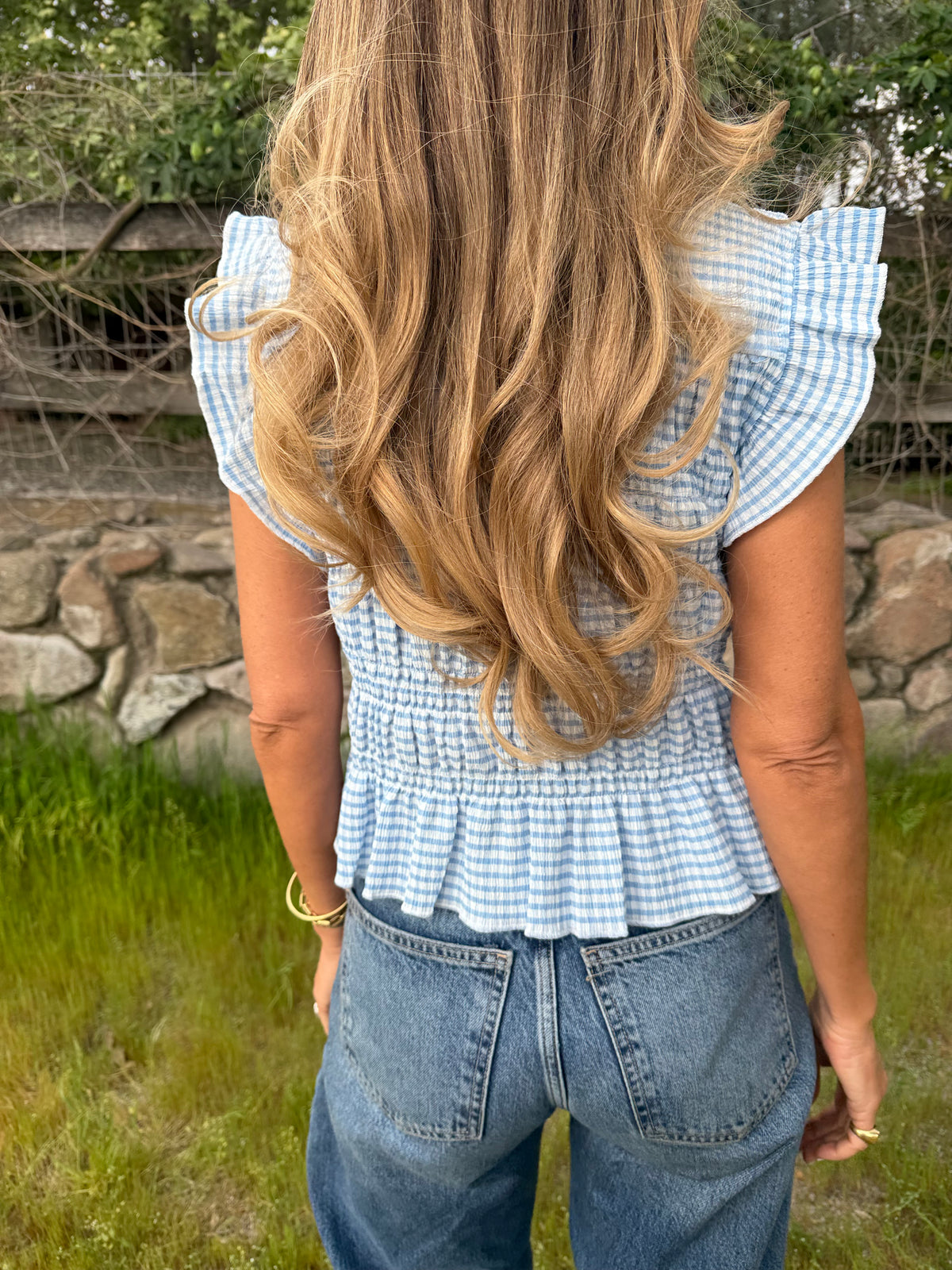 Polera vichy nido abejas celeste