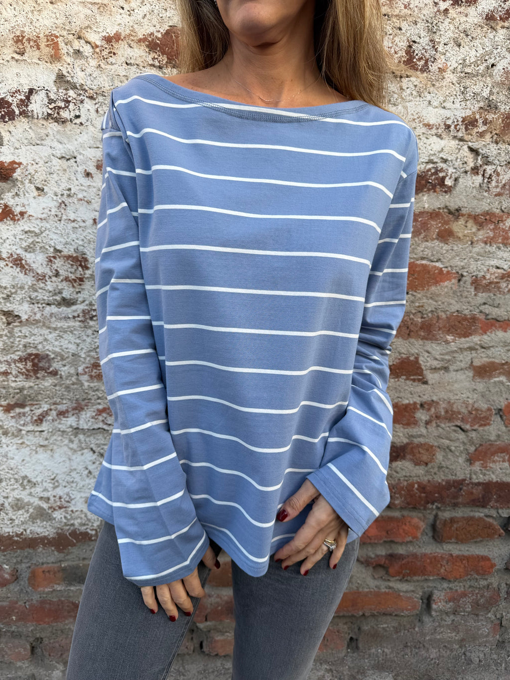 Polera algodón rayas celeste