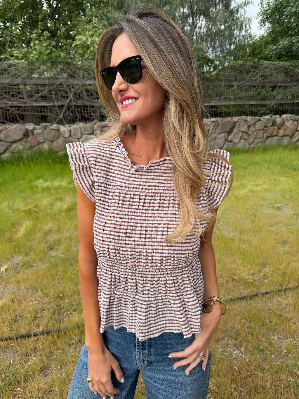 Polera vichy nido abejas café