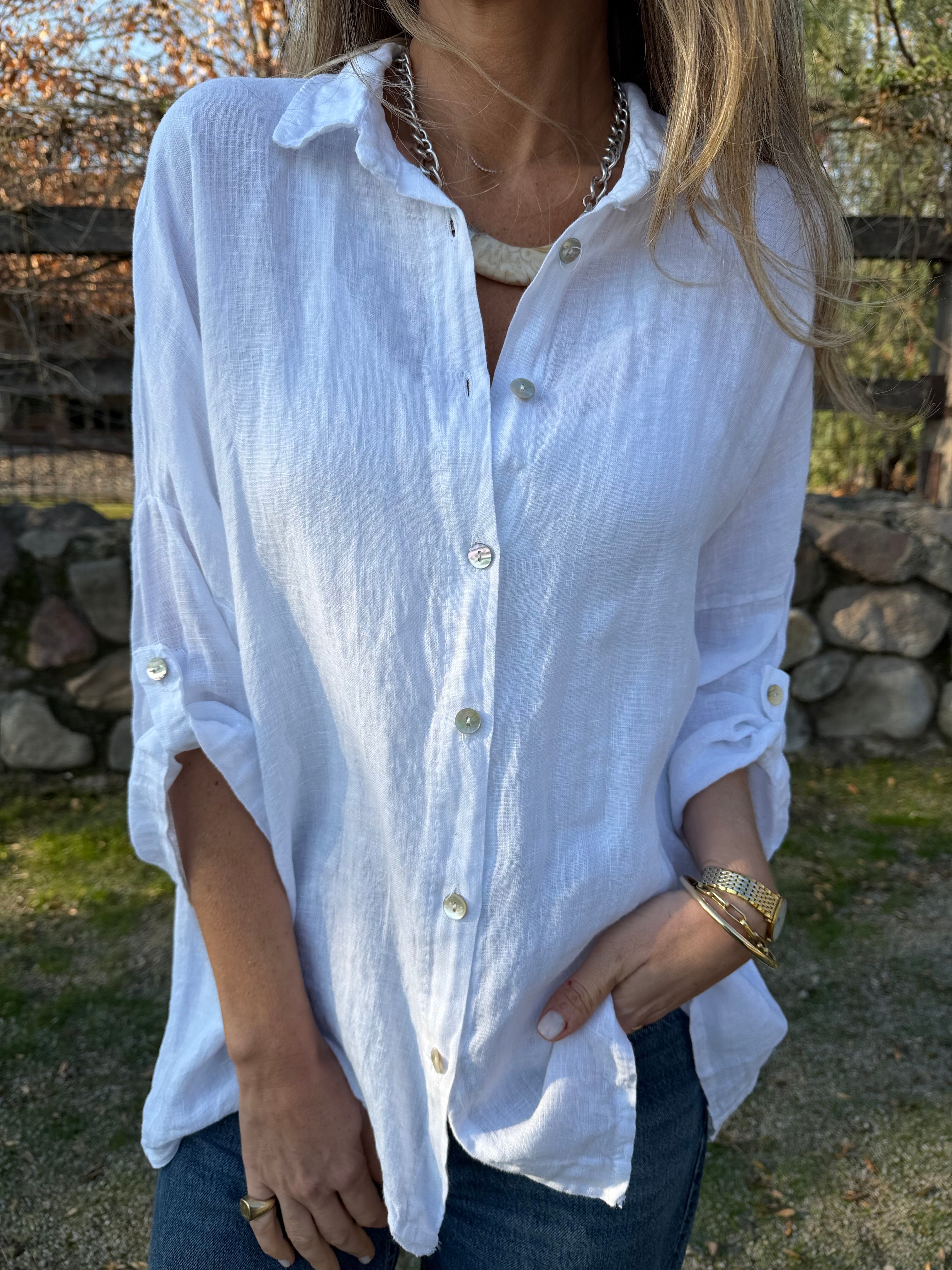 Blusón 100% lino camisera blanca