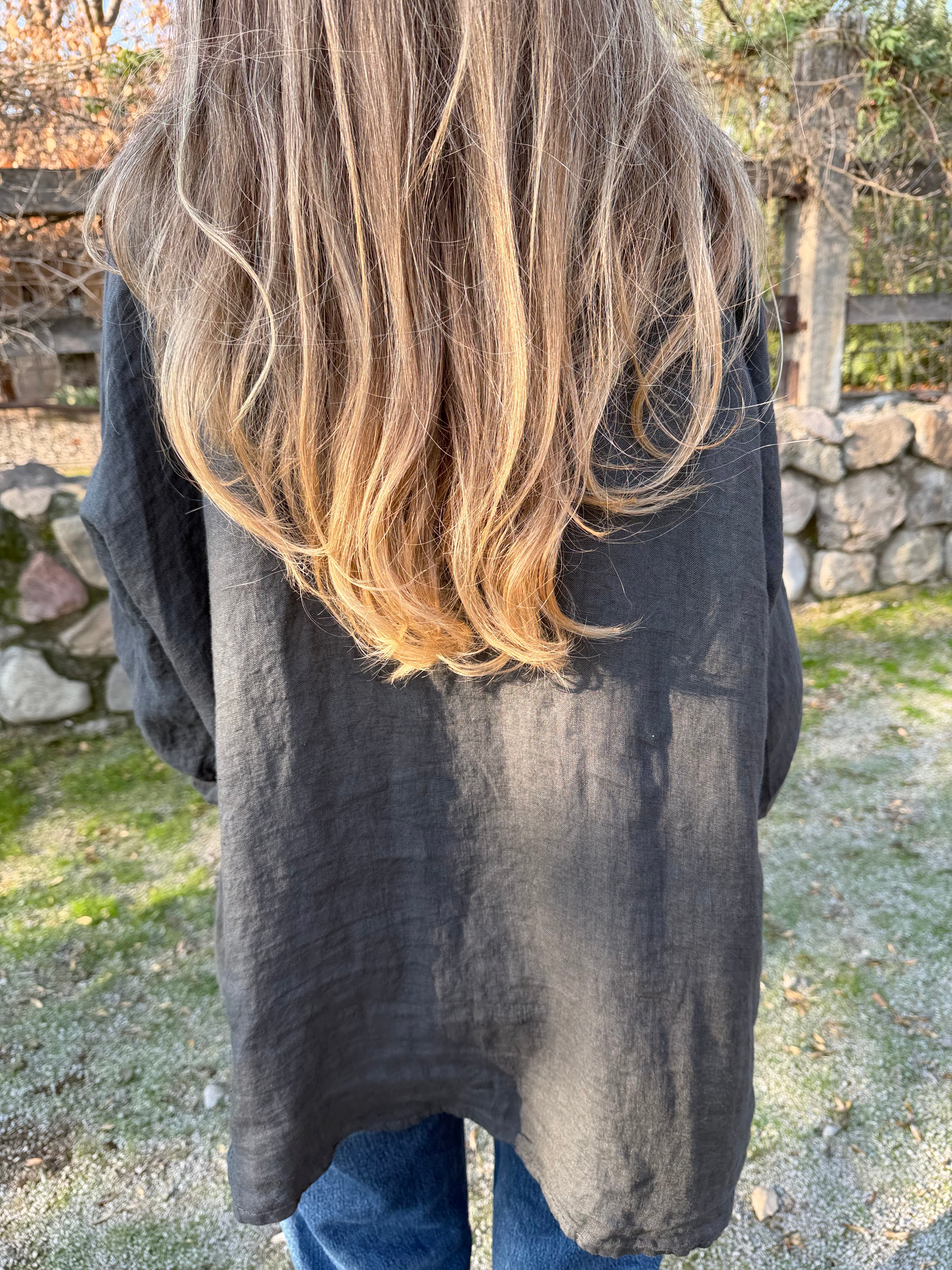 Blusón 100% lino camisera gris acero