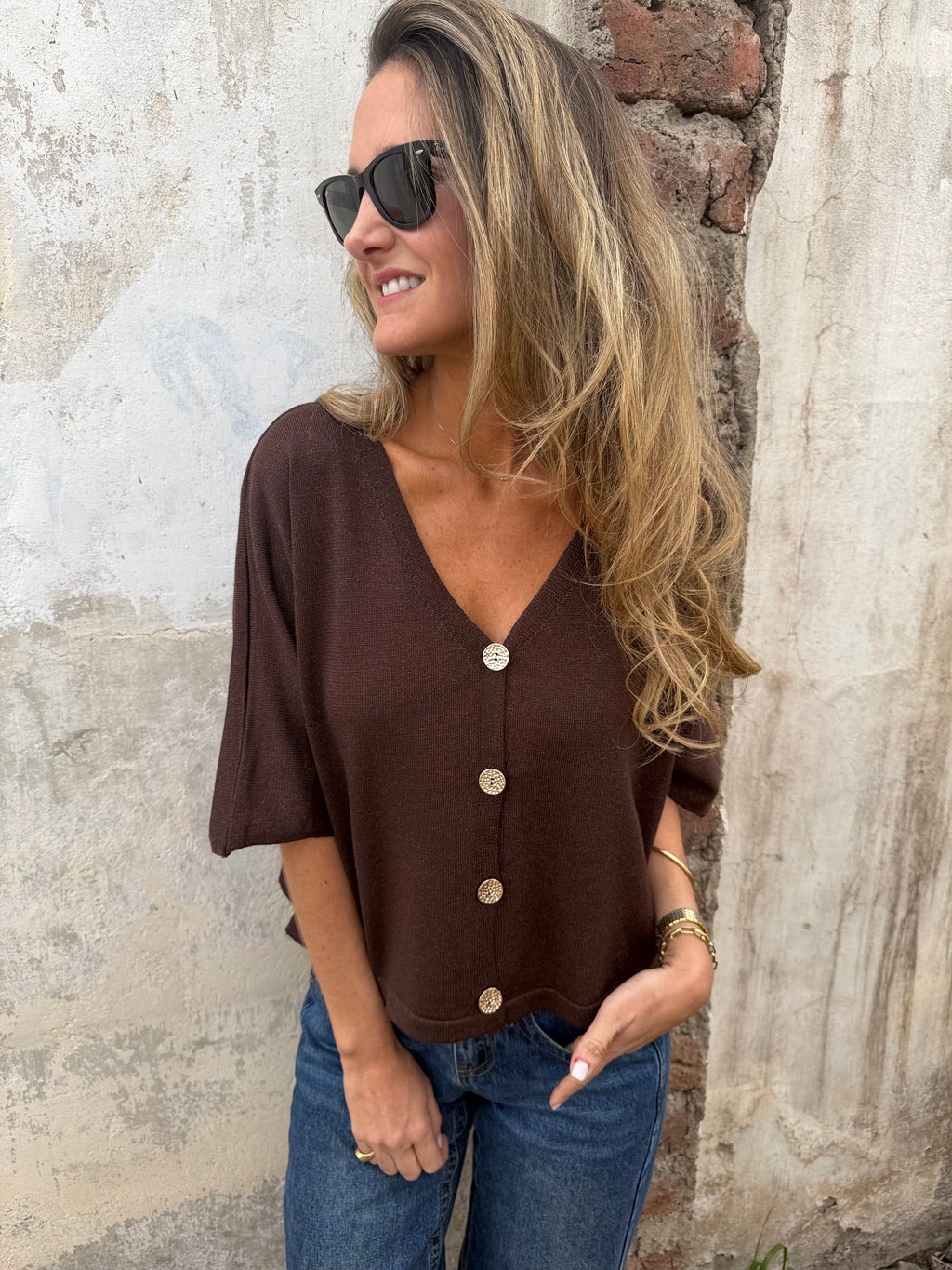Polera/ Chaleco hilo brillos sutiles café oscuro