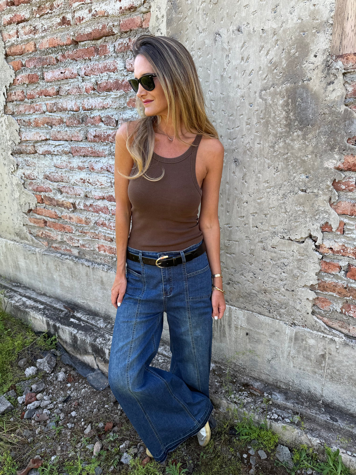 Bluejean ancho bolsillos adelante azul