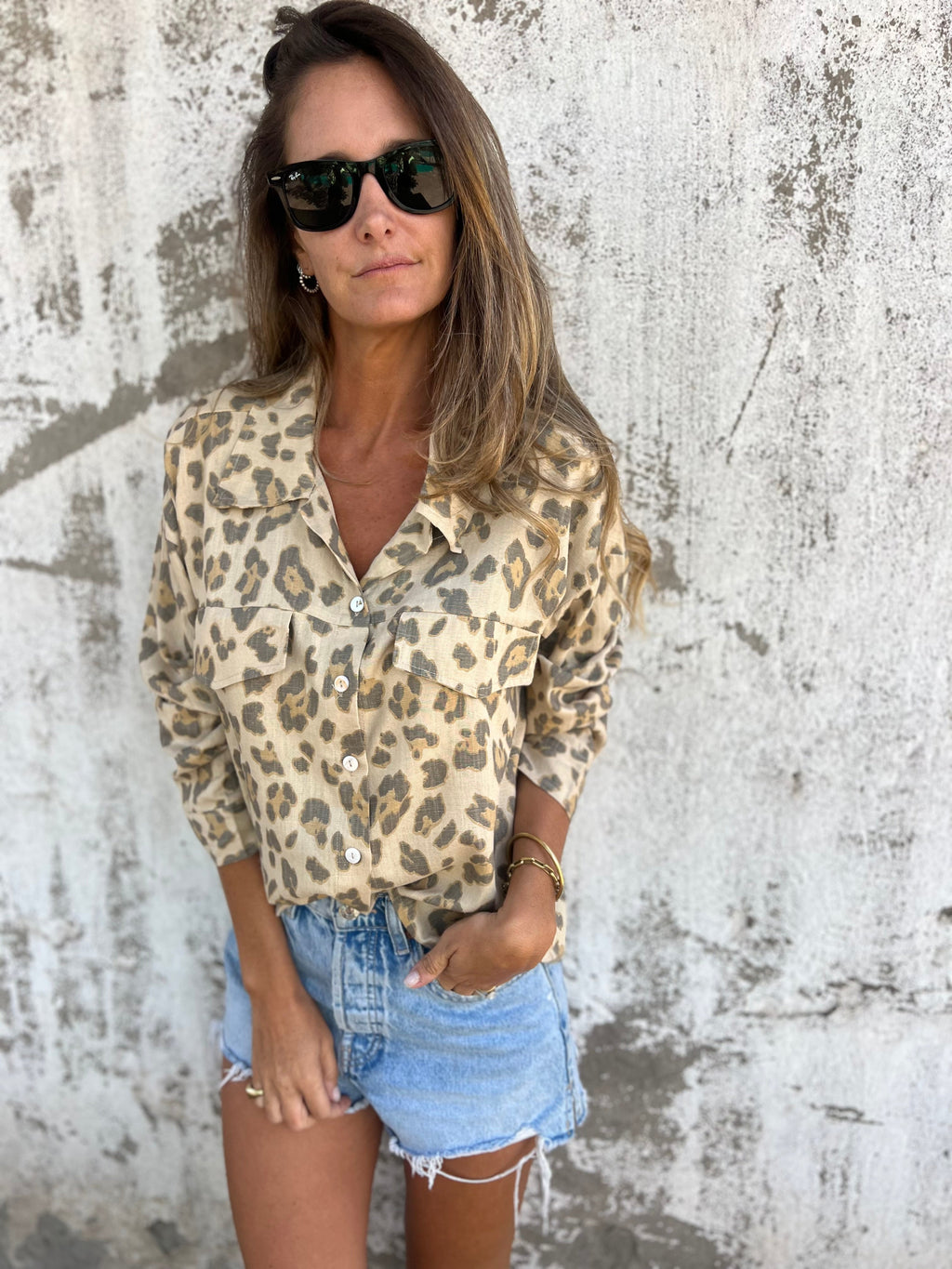 Chaqueta delgada/ blusa lino print beige clara