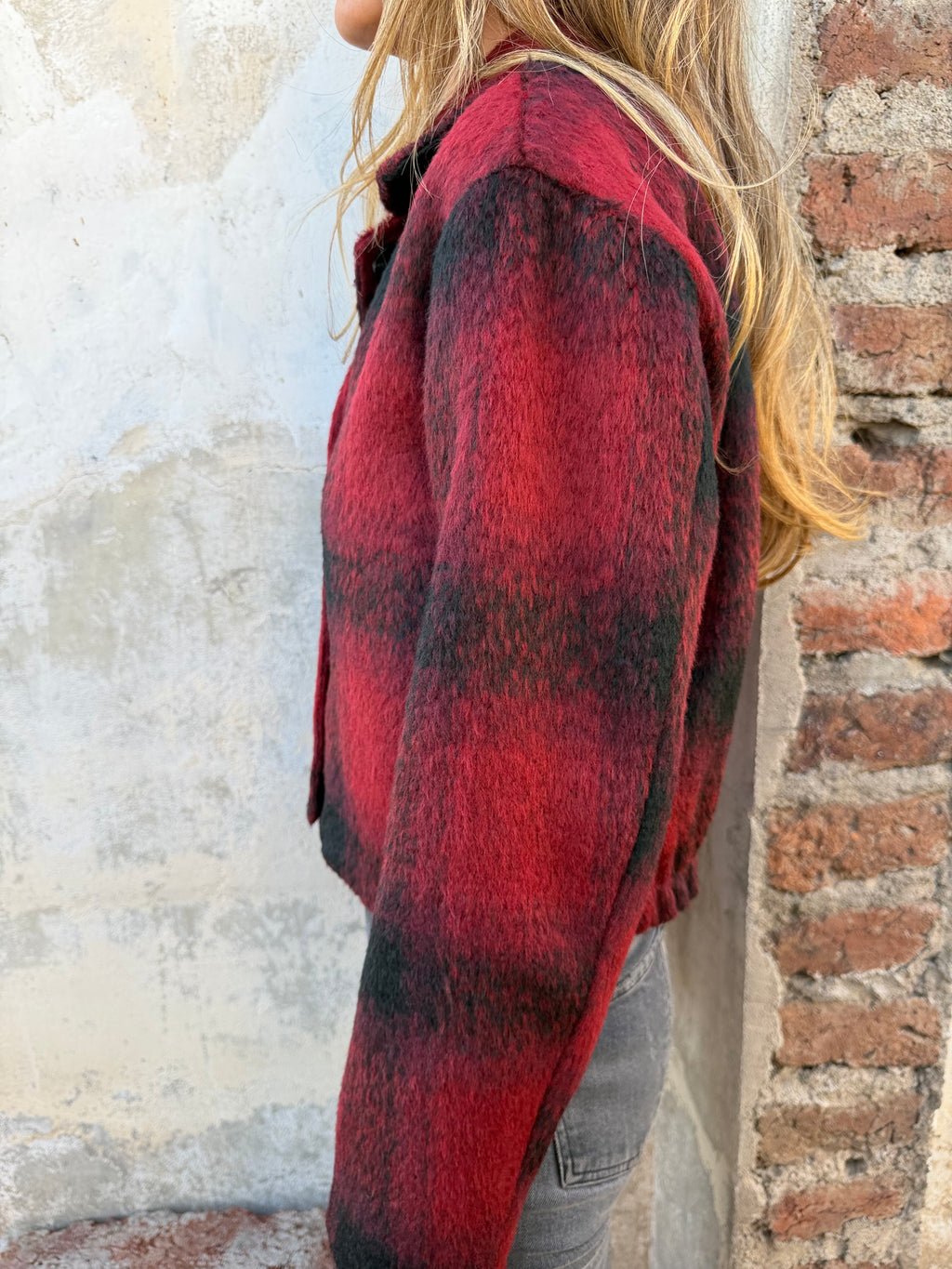 Chaqueta paño peludo escocés roja