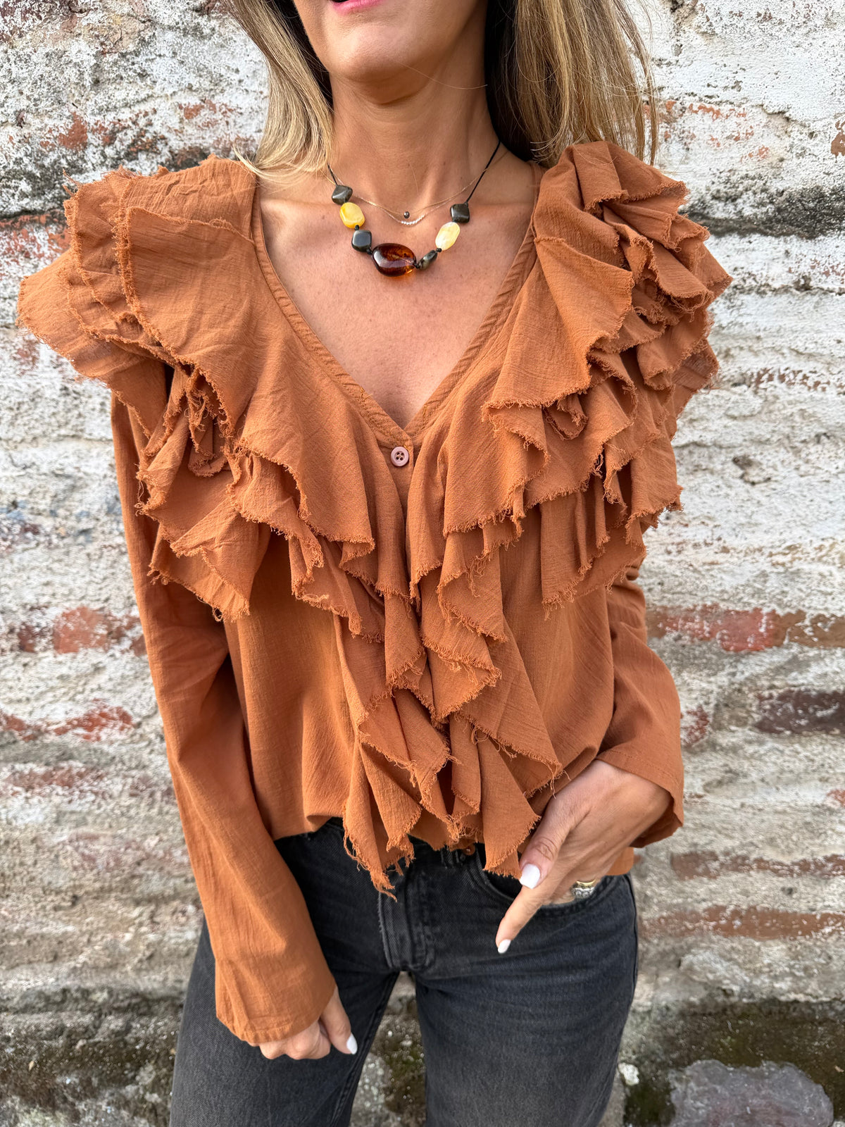 Blusa super vuelos rústica terracota