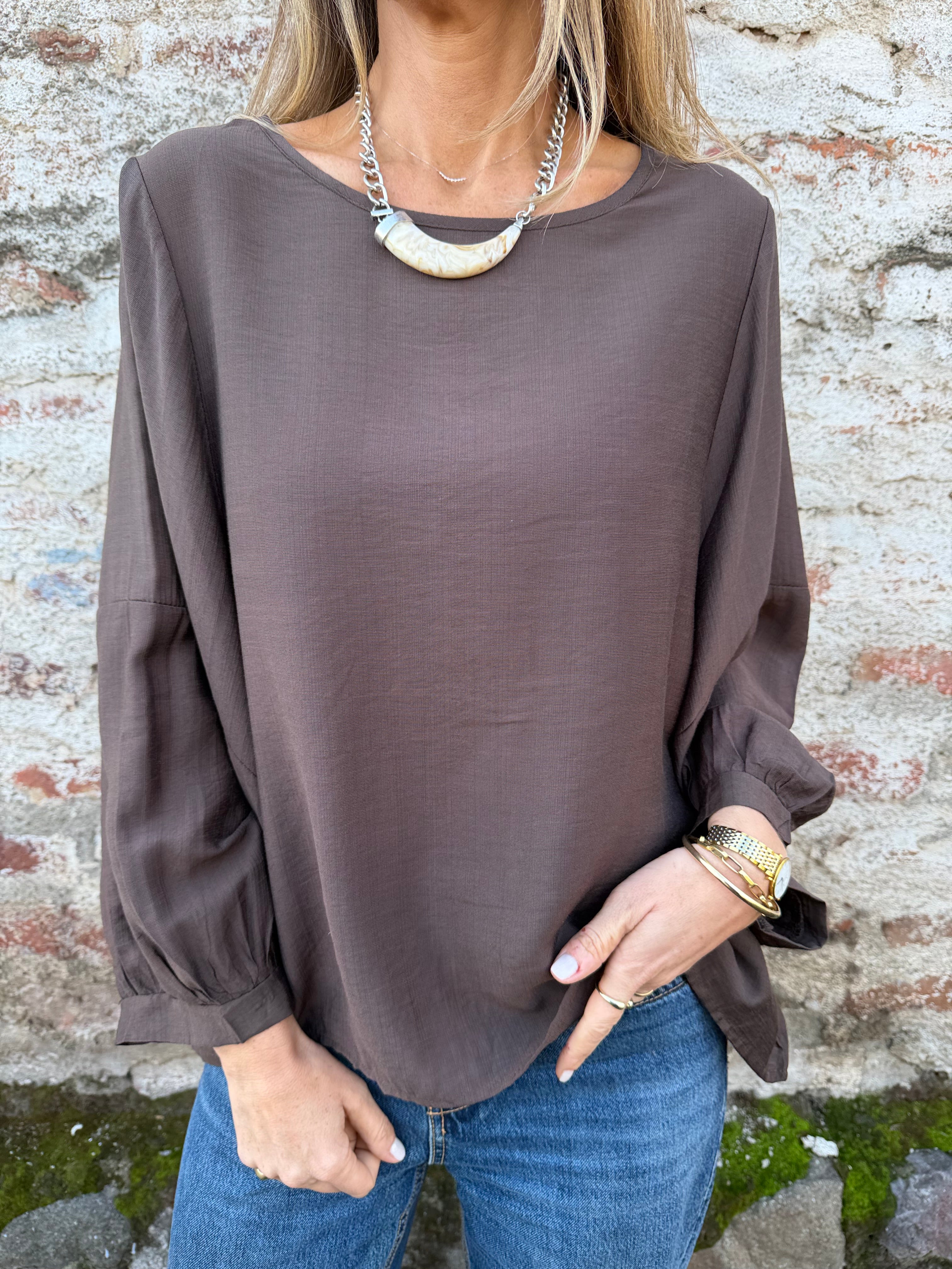 Blusa rayón manguitas globo café