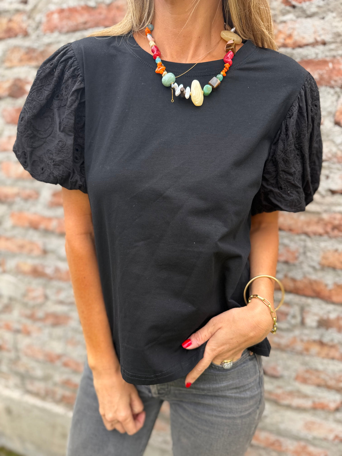 New polera algodón mangas broderie negra