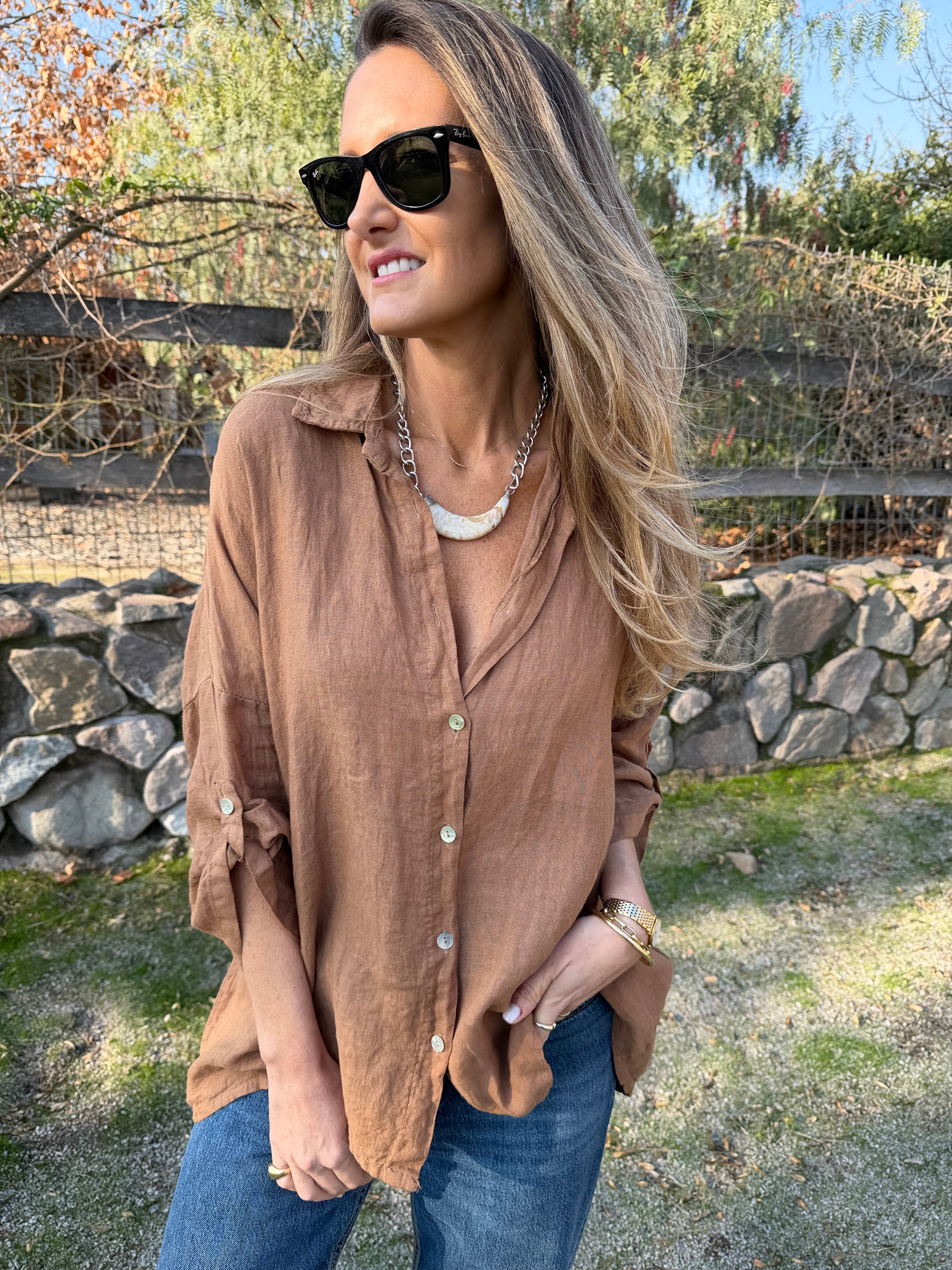 Blusón 100% lino camisera camel
