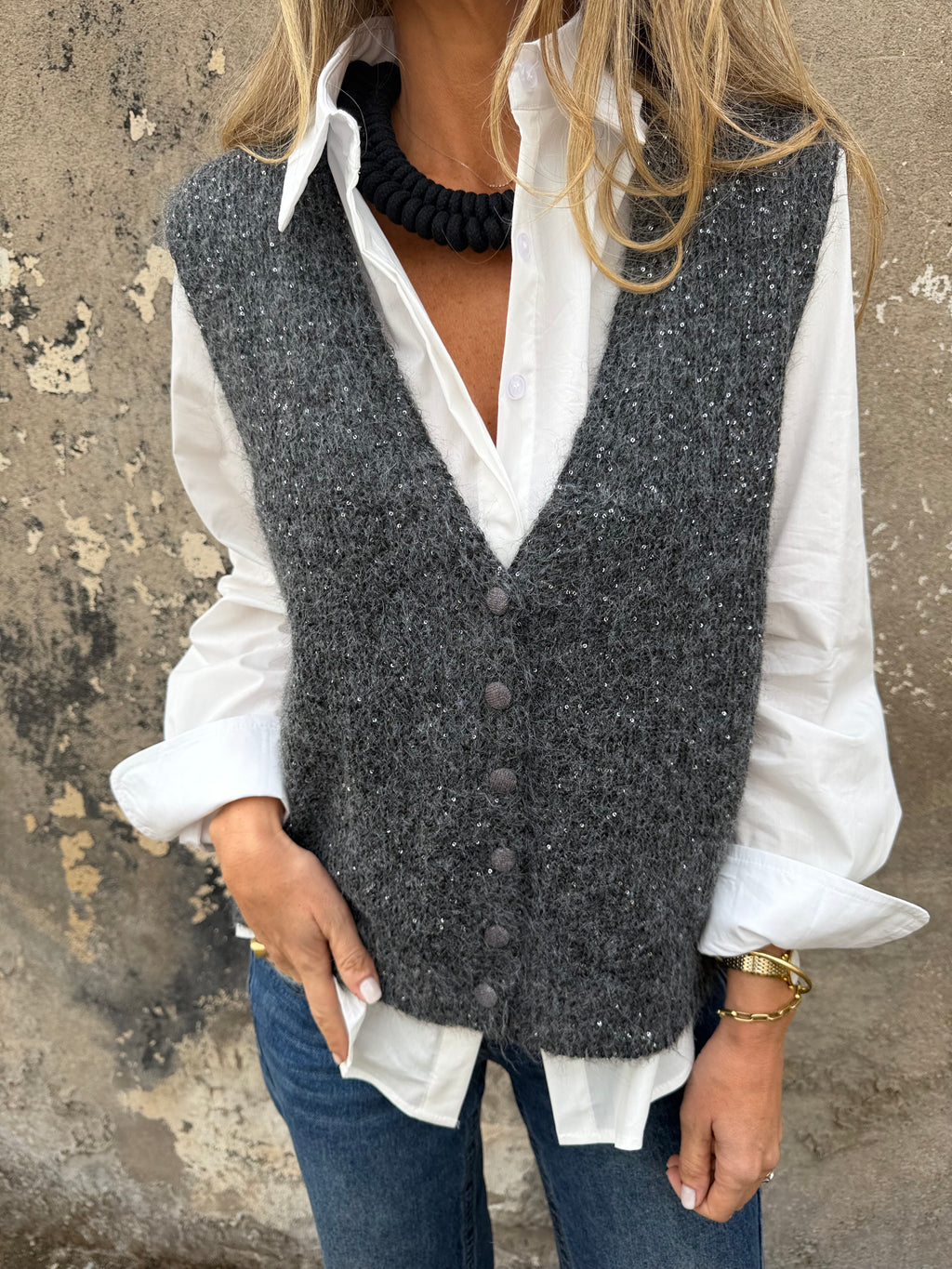Chaleco sin mangas mini lentejuelas gris