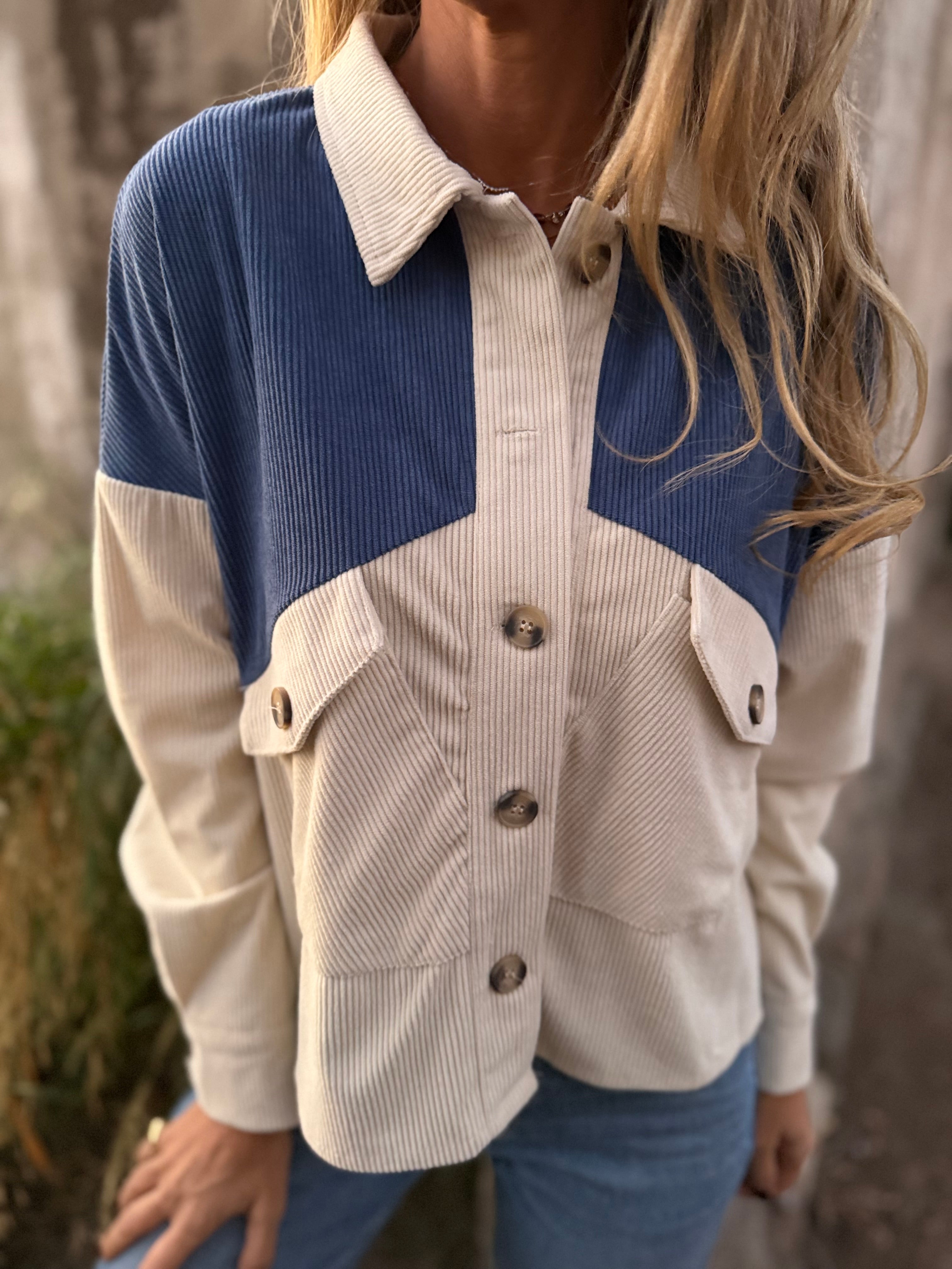 Blusa cotelé bicolor azul