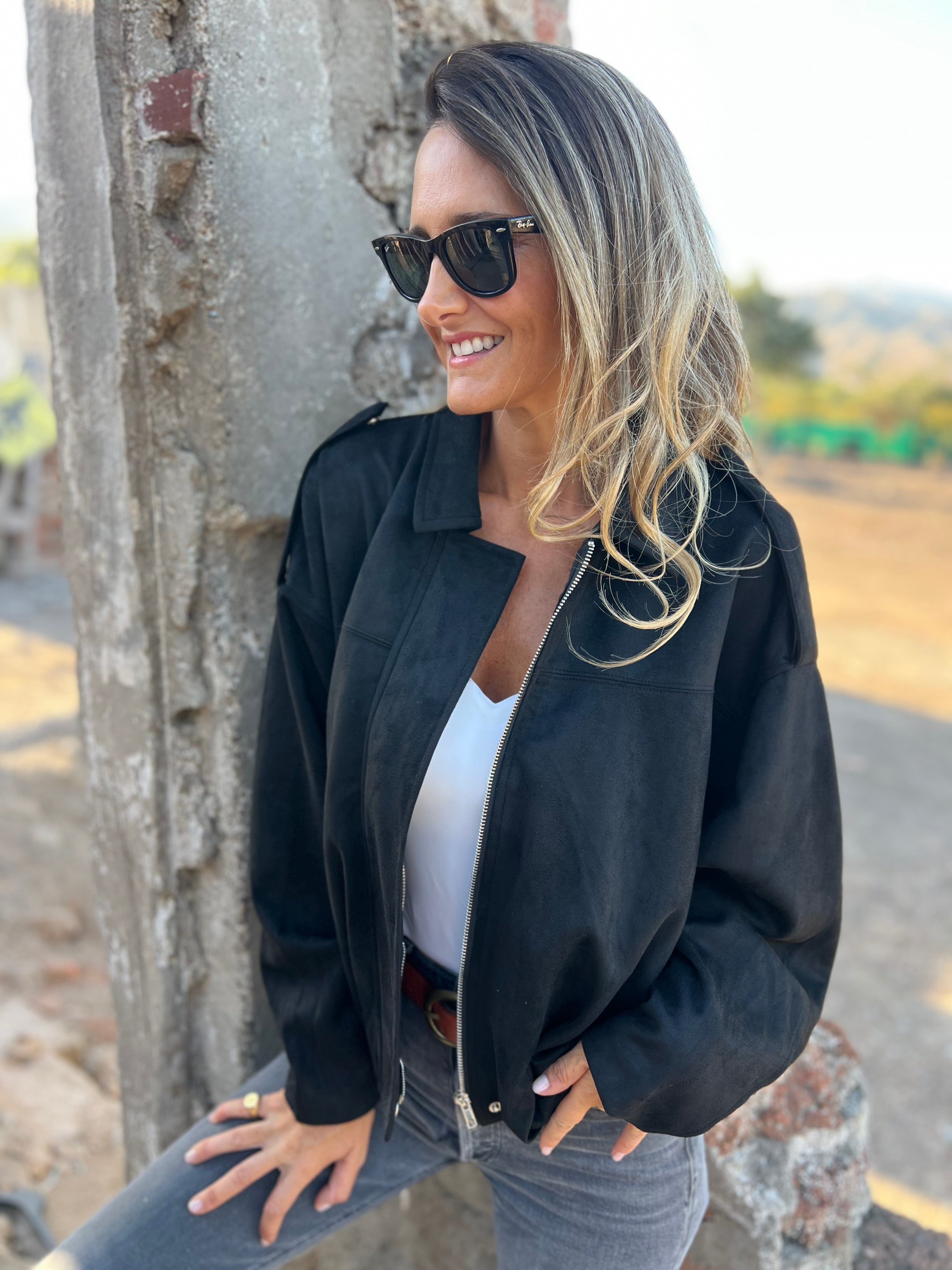 Chaqueta efecto gamuza negra