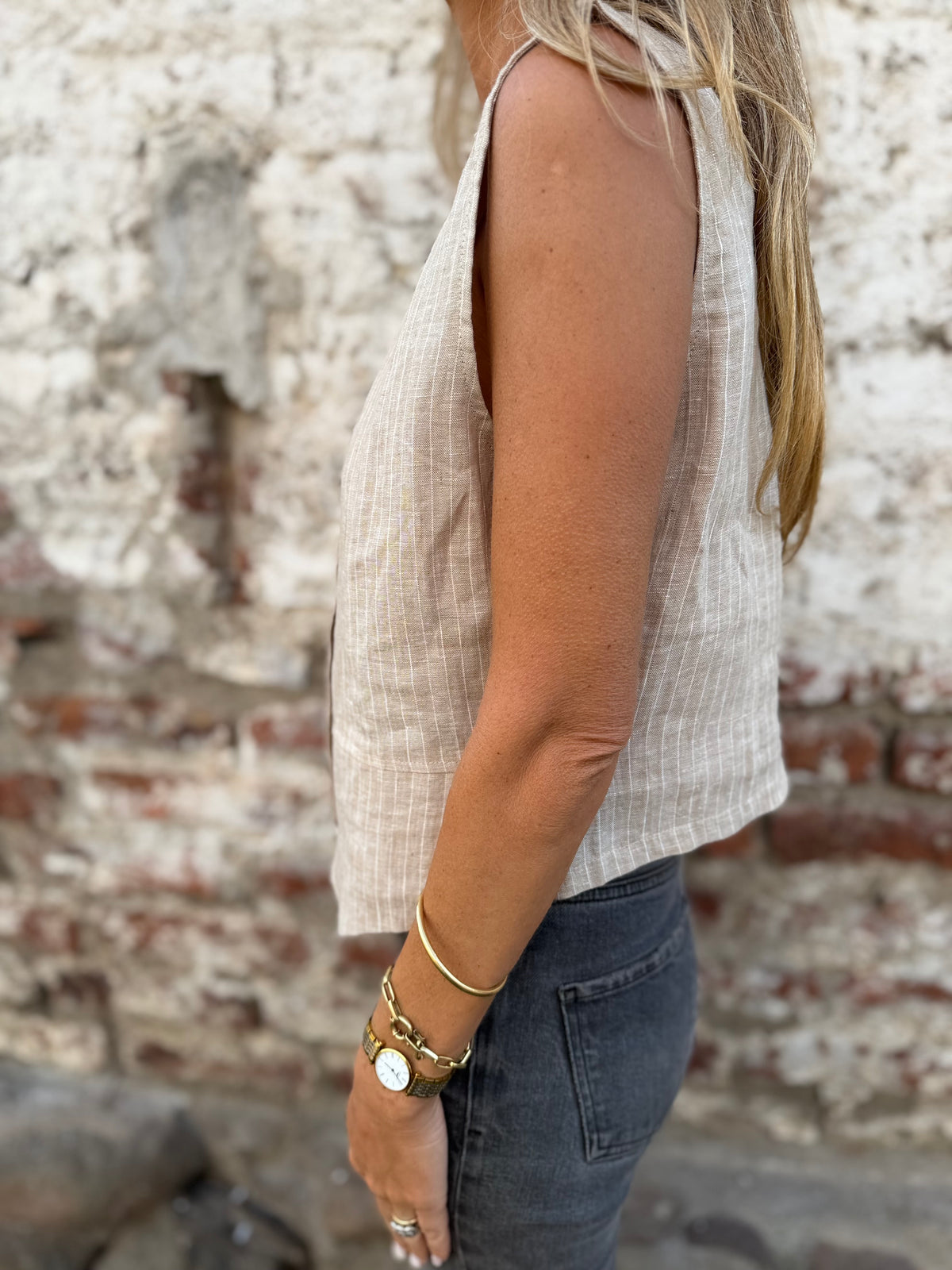 Gillet lino raya diplomática beige
