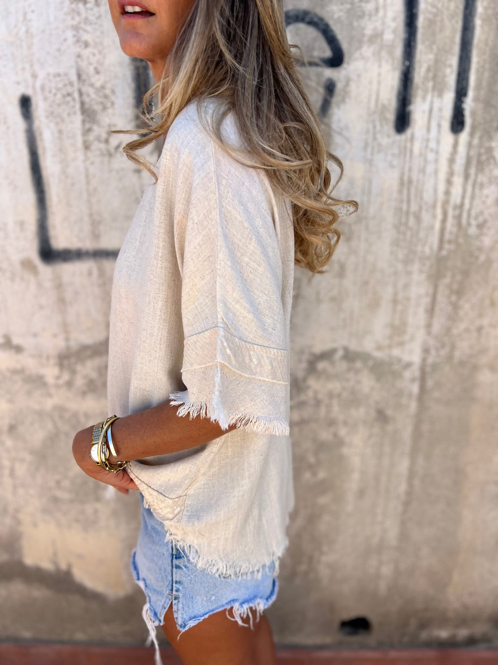 Blusón chascon lentejuela beige claro