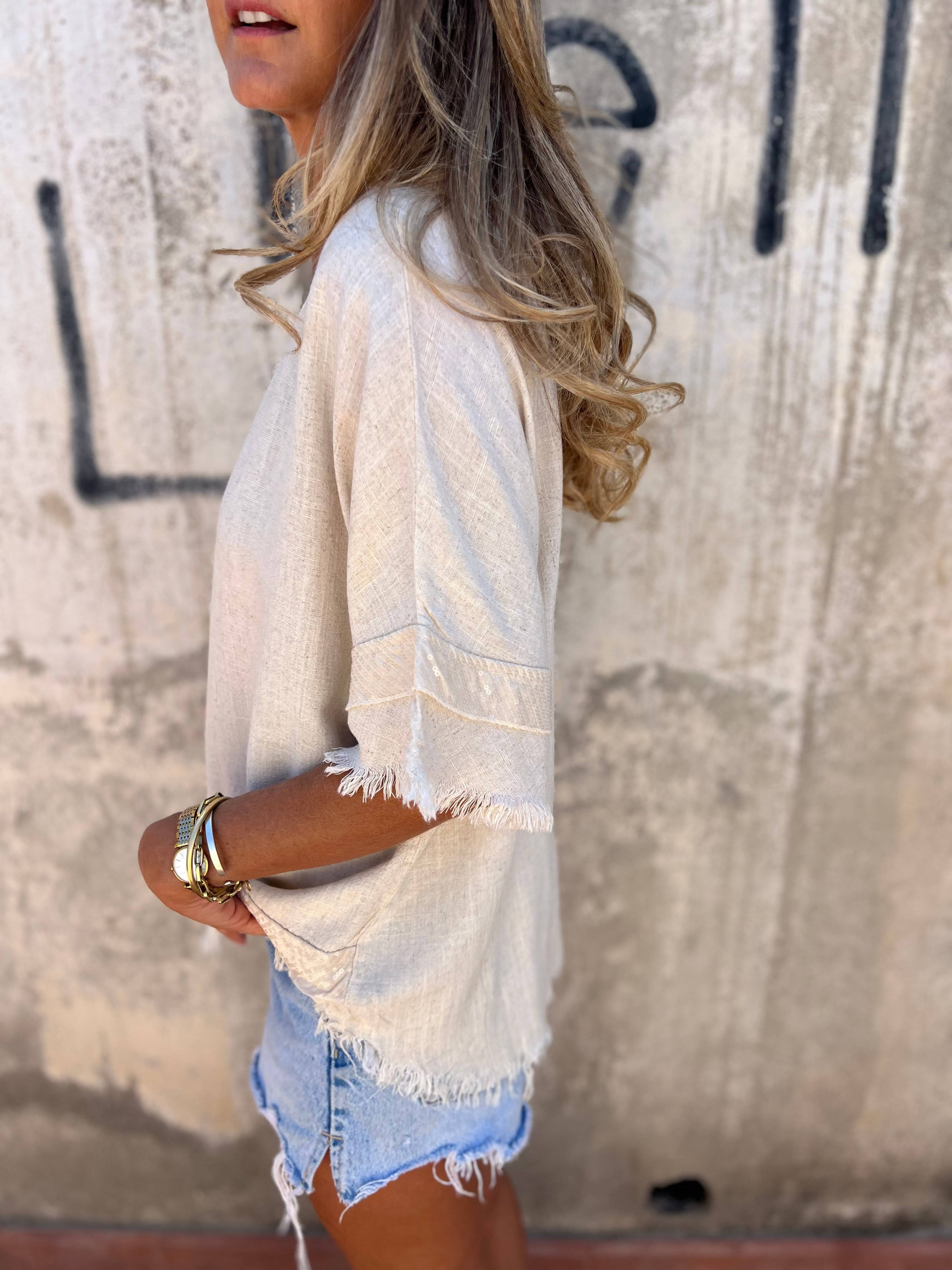 Blusón chascon lentejuela beige claro