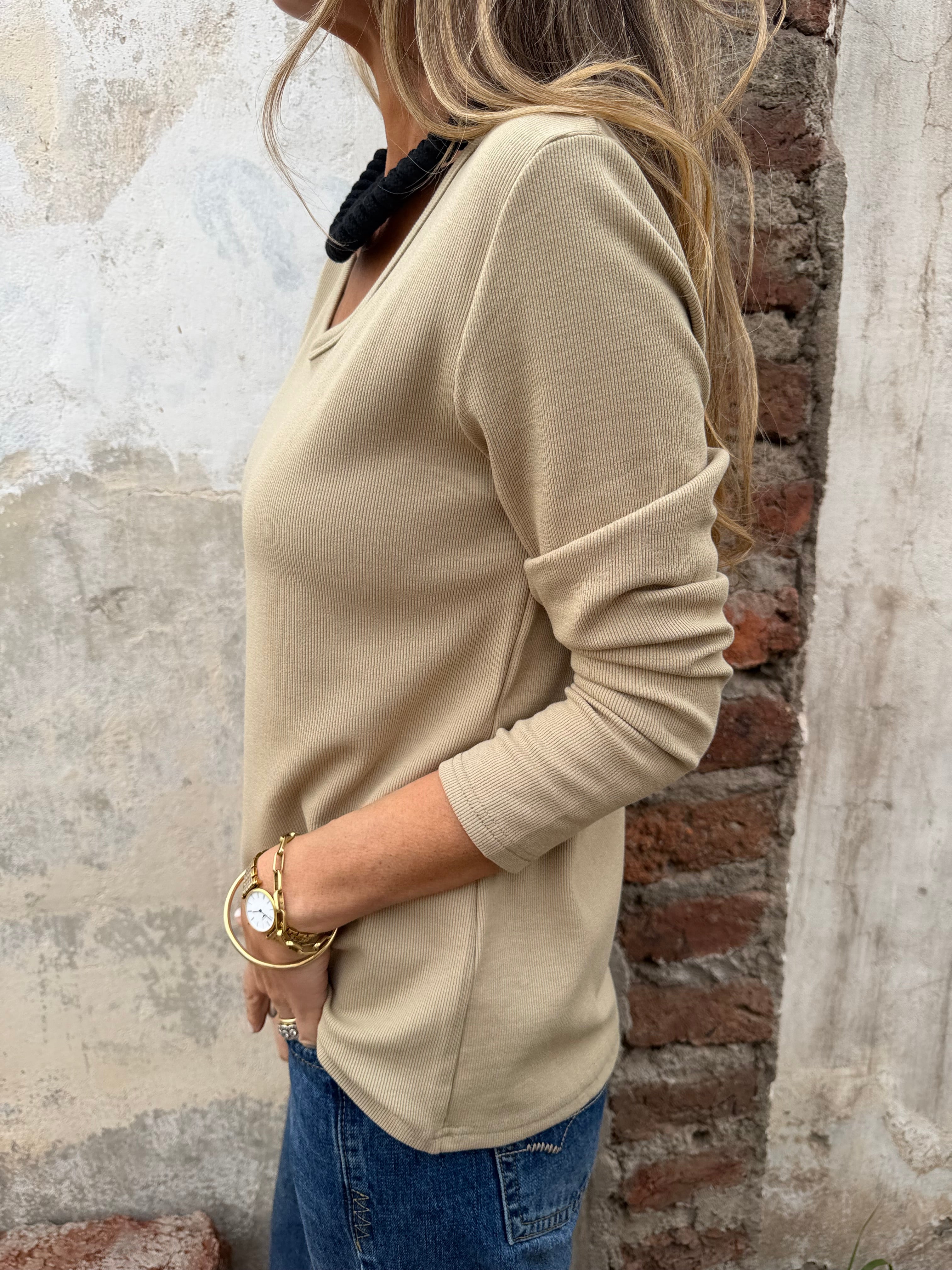 New polera algodón/ micropolar cuello bajo beige verdoso